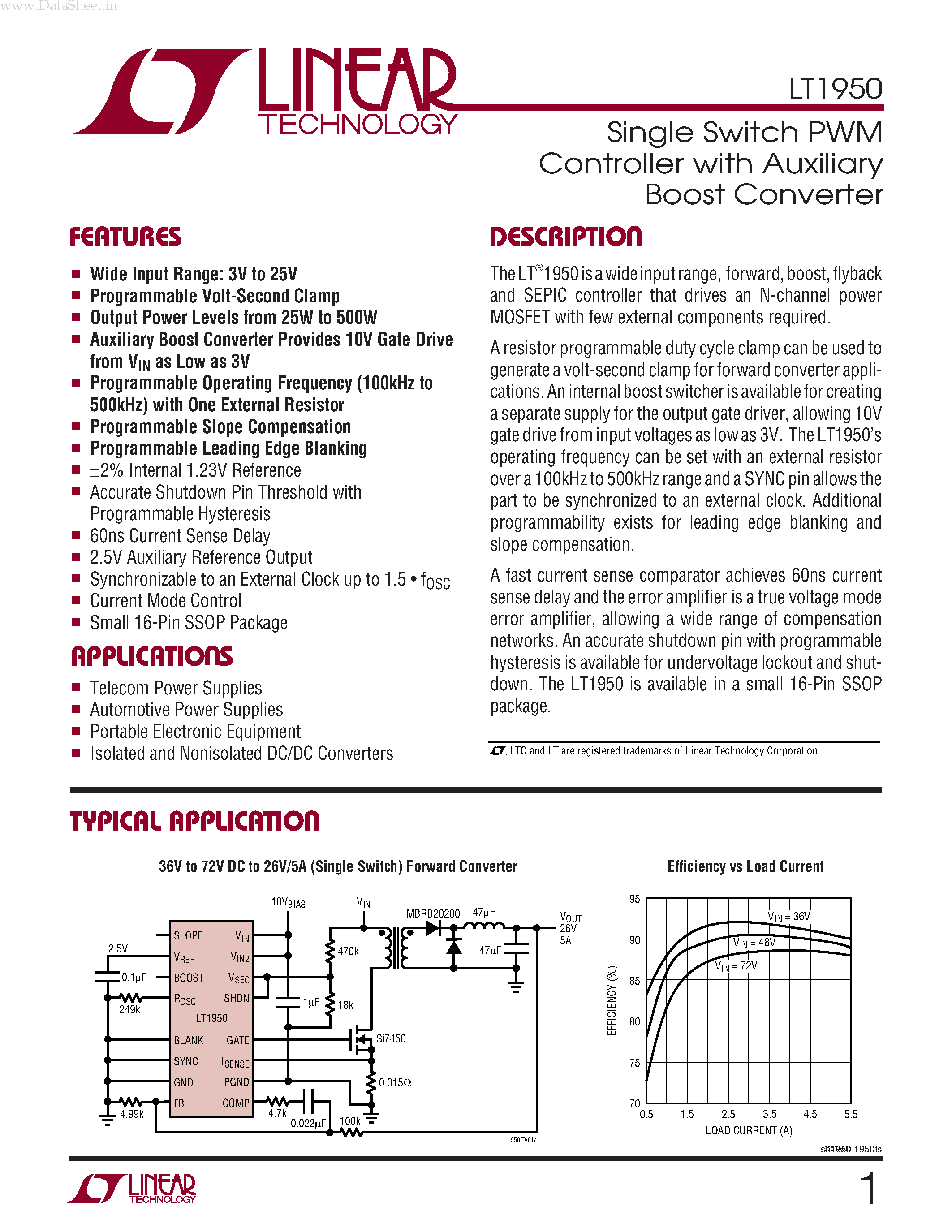 Datasheet LT1950 page 1 Datasheet LT1950 - Single Switch PWM Controller page 1