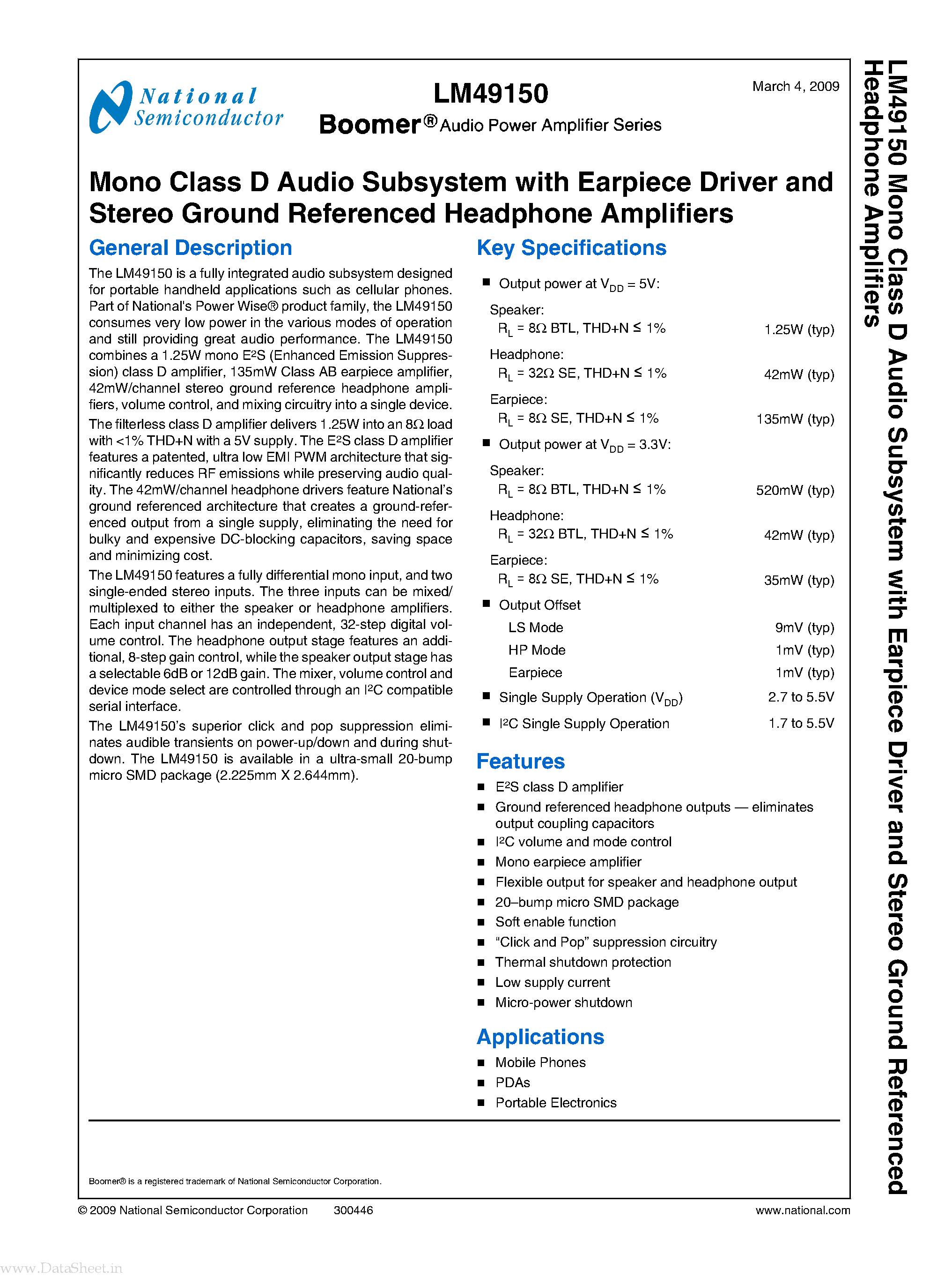 Даташит на микросхему LM49150 страница 1 Даташит LM49150 - Mono Class D Audio Subsystem страница 1