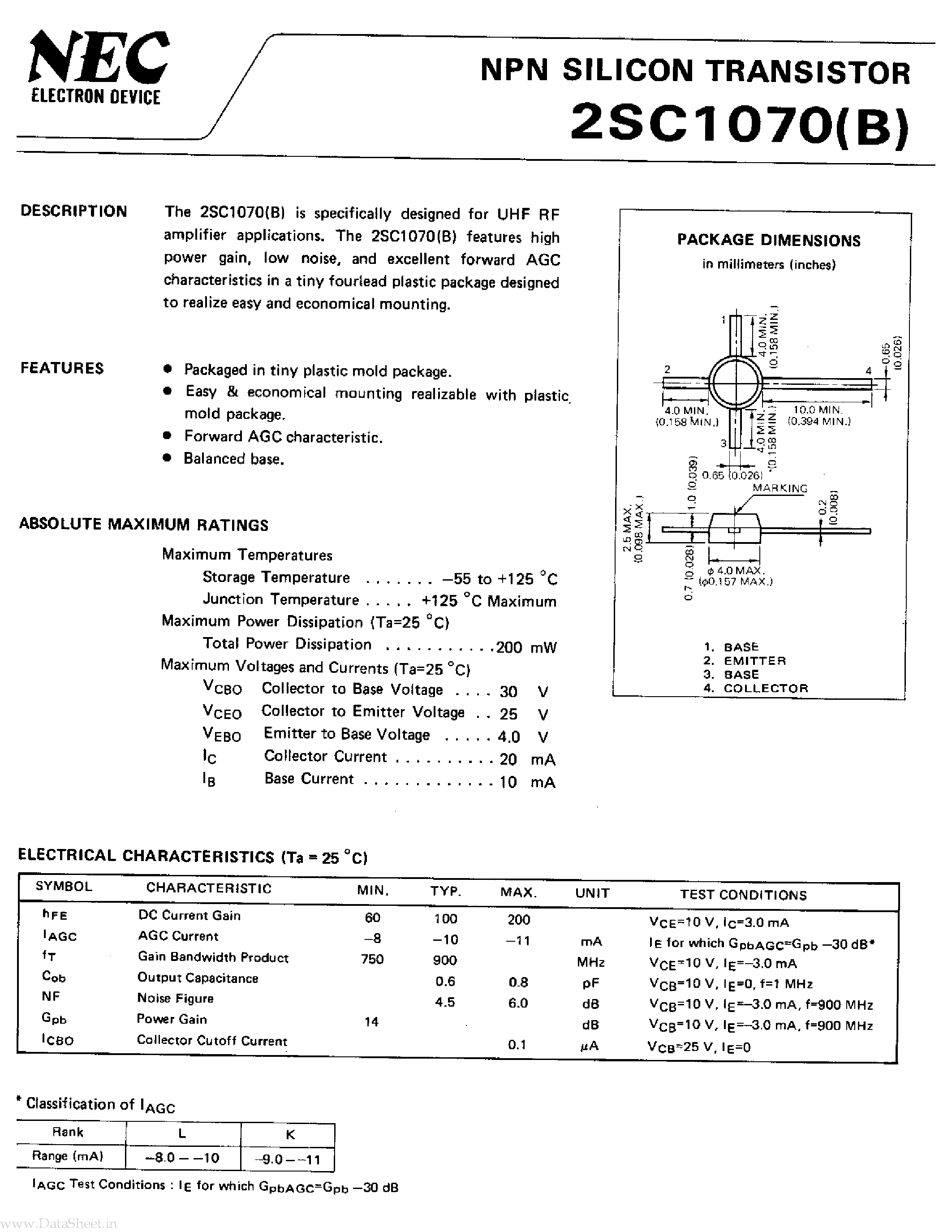 Даташит на микросхему 2SC1070 страница 1 Даташит 2SC1070 - NPN SILICON TRANSISTOR страница 1