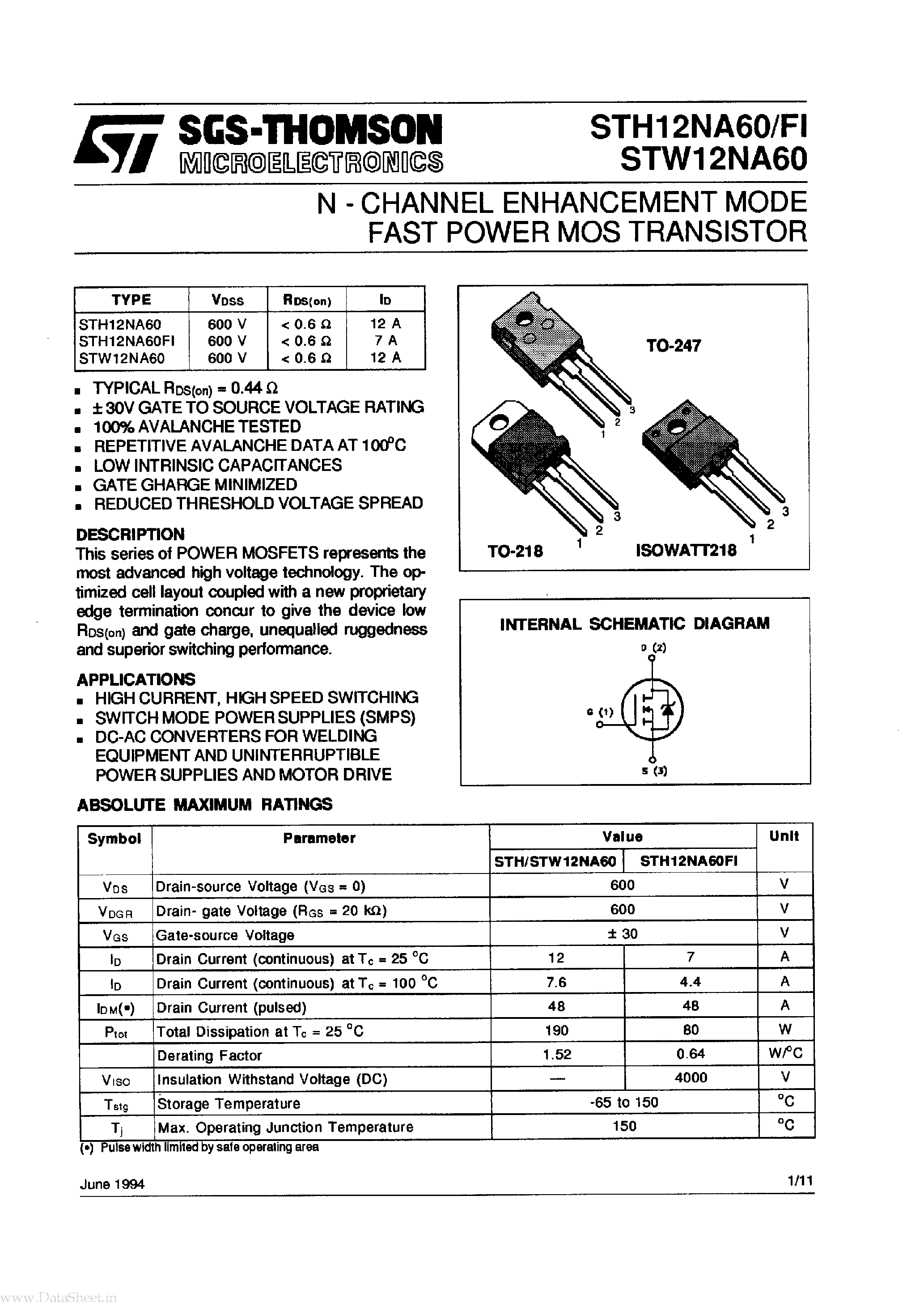 Datasheet STW12N60 page 1 Datasheet STW12N60 - N-Channel Enhancement Mode Fast Power MOS Transistor page 1