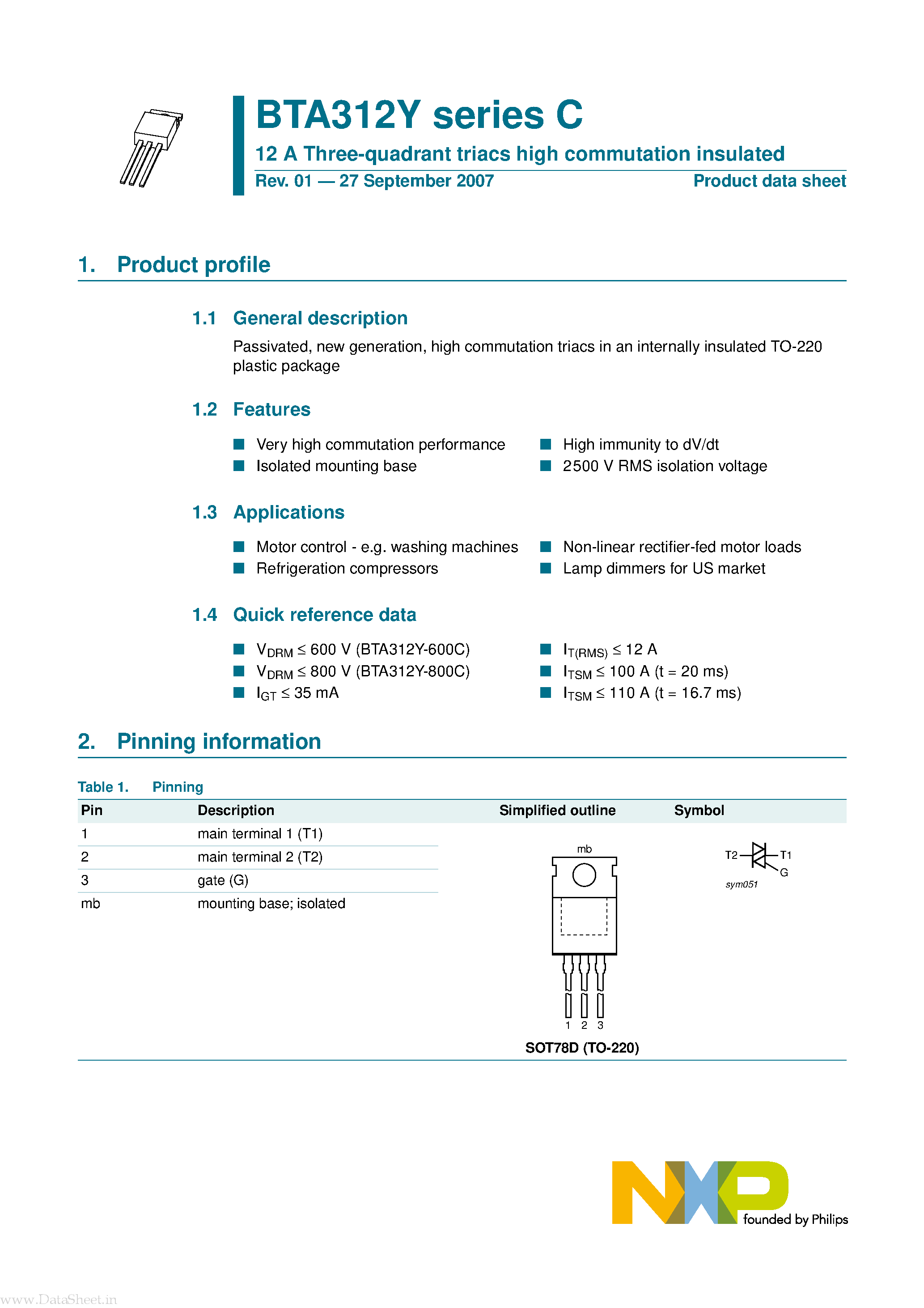 Даташит на микросхему BTA312Y страница 1 Даташит BTA312Y - 12A Three-quadrant triacs high commutation insulated страница 1