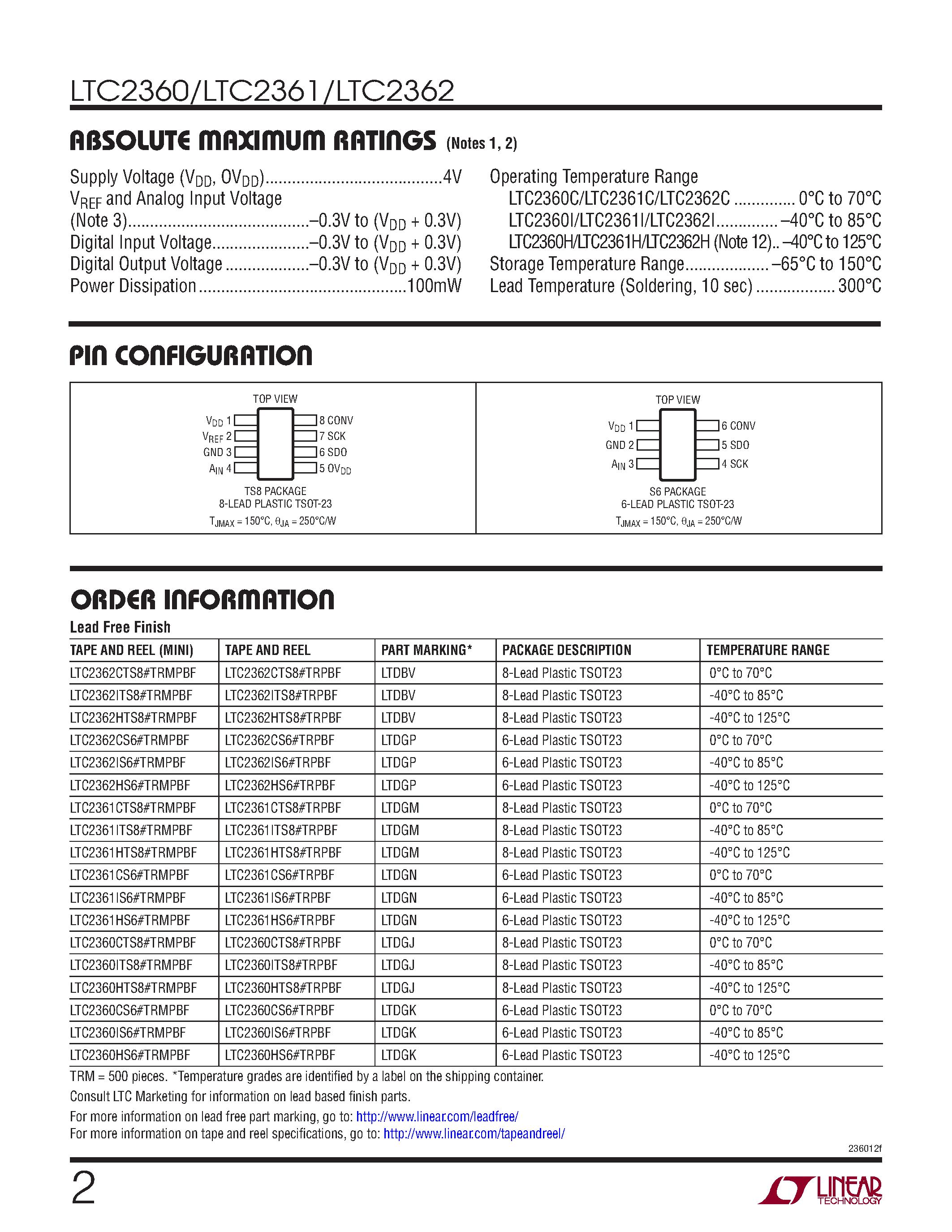 Даташит LTC2360 - (LTC2360 - LTC2362) 12-Bit Serial ADCs страница 2