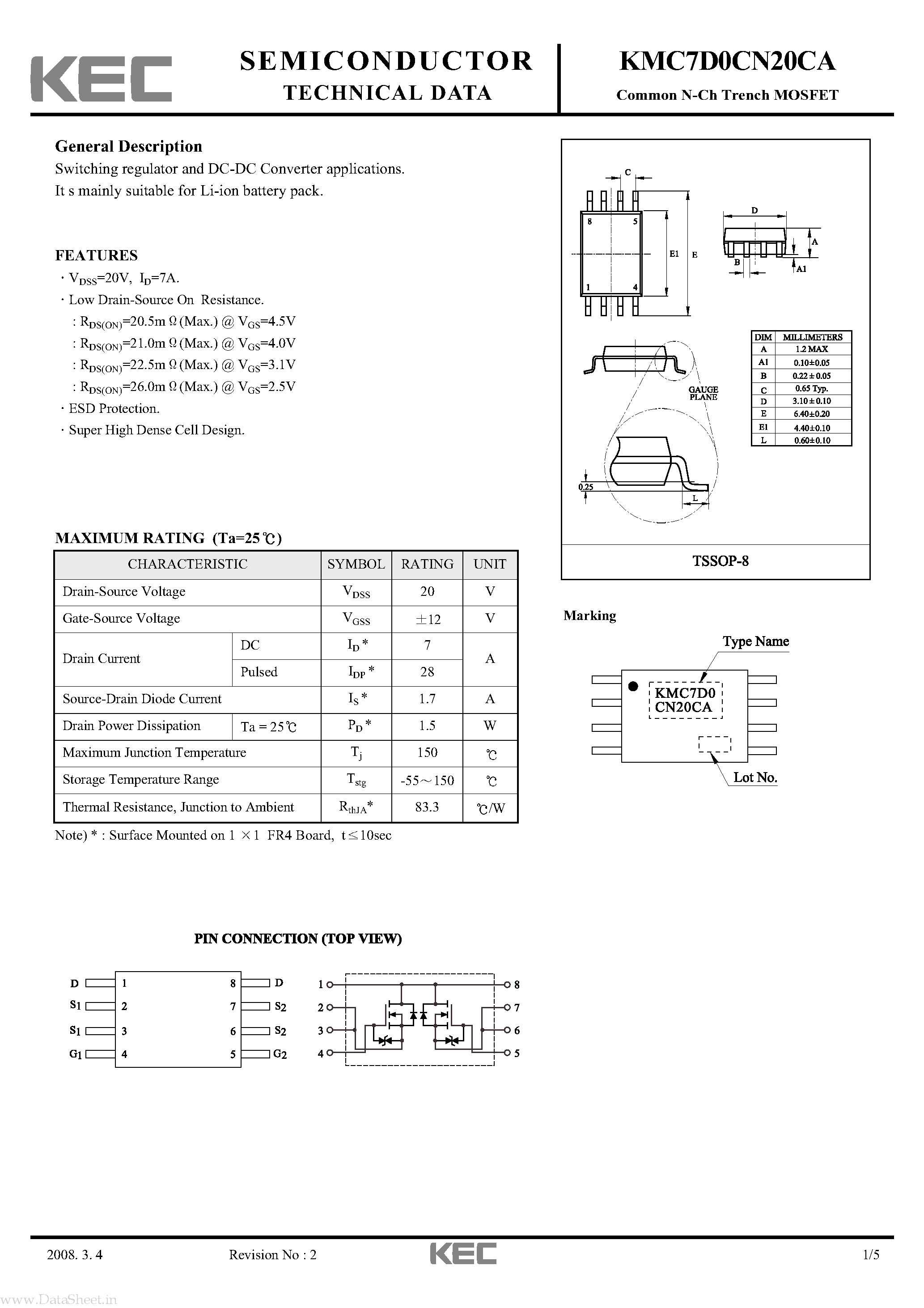 Datasheet KMC7D0CN20CA - Common N-Ch Trench MOSFET page 1