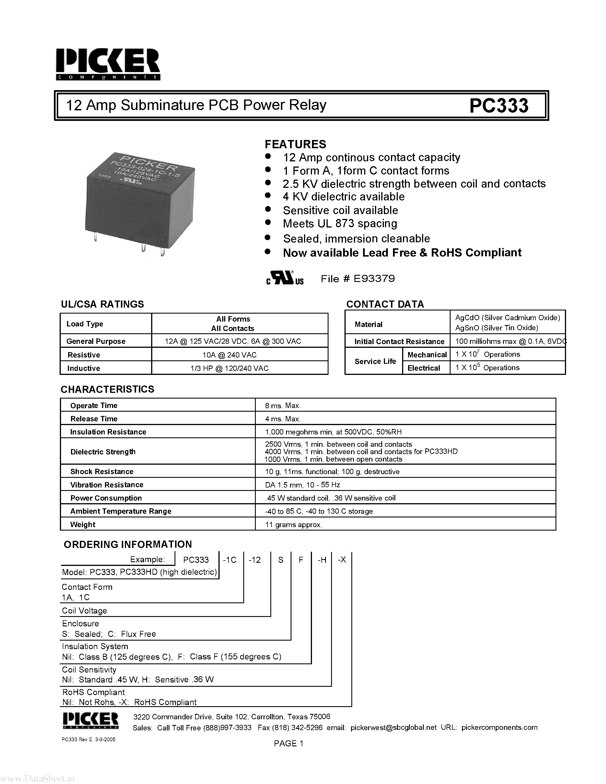 Datasheet PC333 - 12 Amp Subminature PCB Power Relay page 1