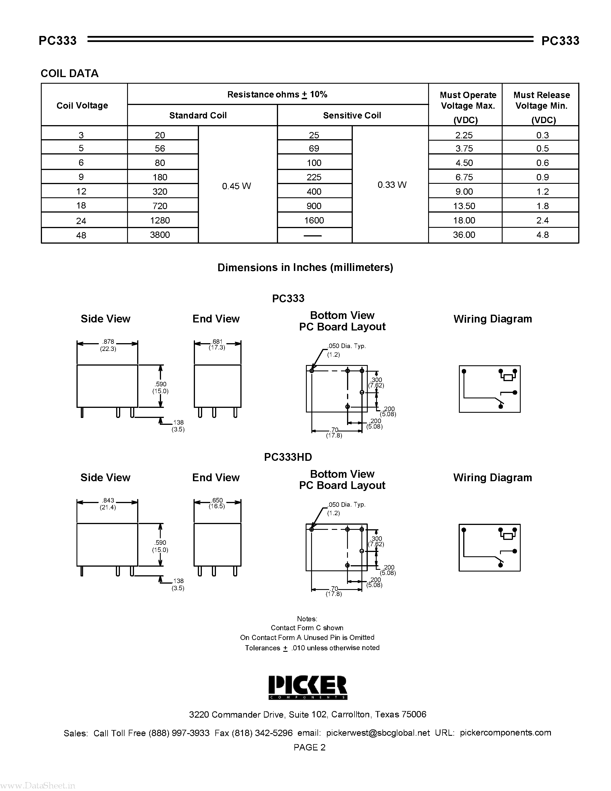 Datasheet PC333 - 12 Amp Subminature PCB Power Relay page 2