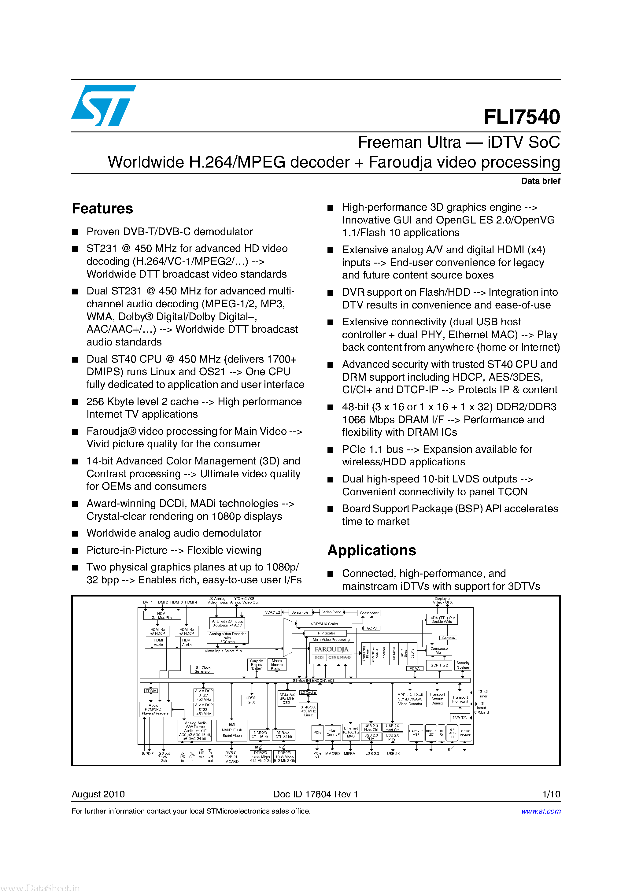 Datasheet FLI7540 page 1 Datasheet FLI7540 - iDTV SoC Worldwide H.264/MPEG decoder + Faroudja video processing page 1