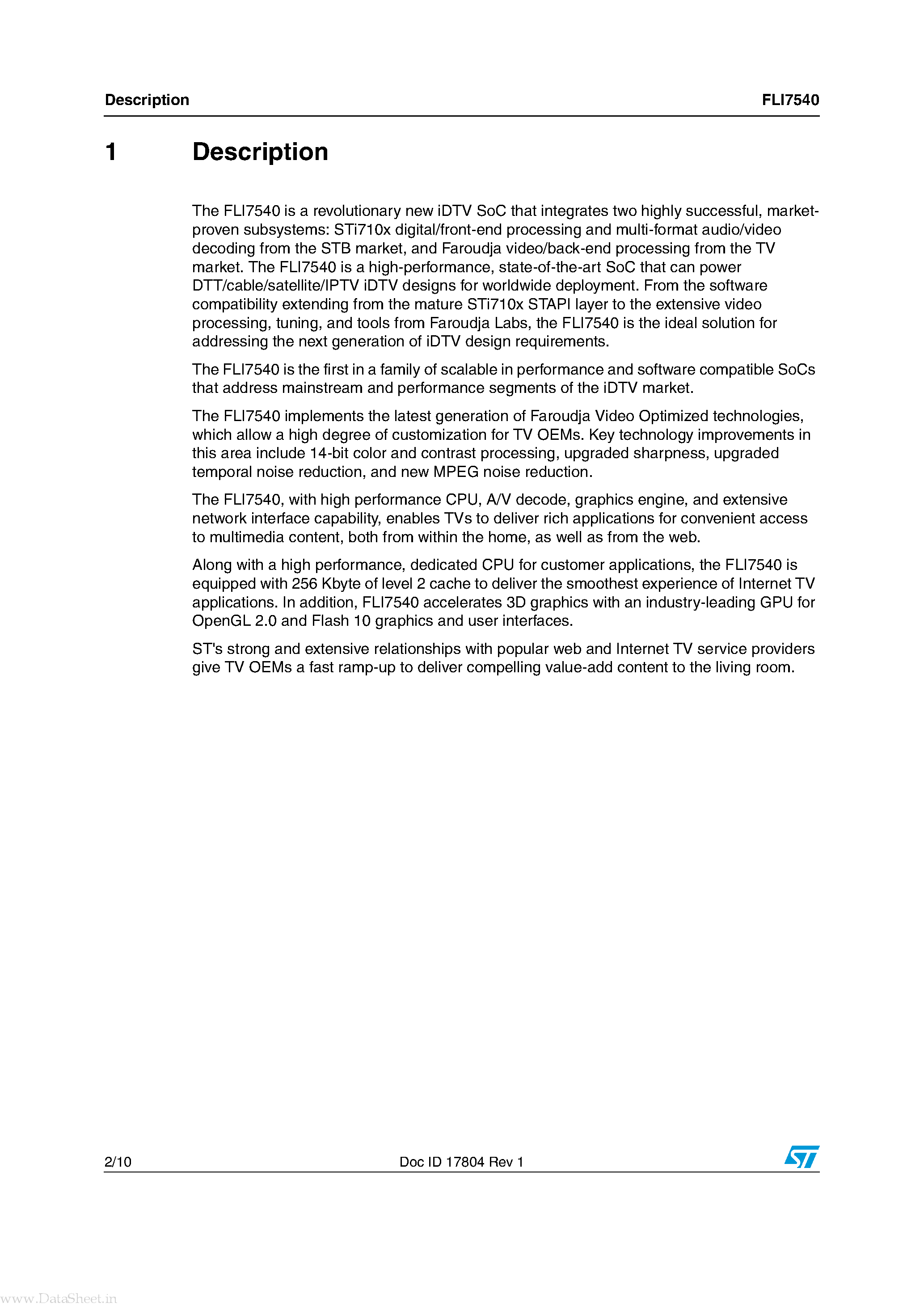 Datasheet FLI7540 page 2 Datasheet FLI7540 - iDTV SoC Worldwide H.264/MPEG decoder + Faroudja video processing page 2