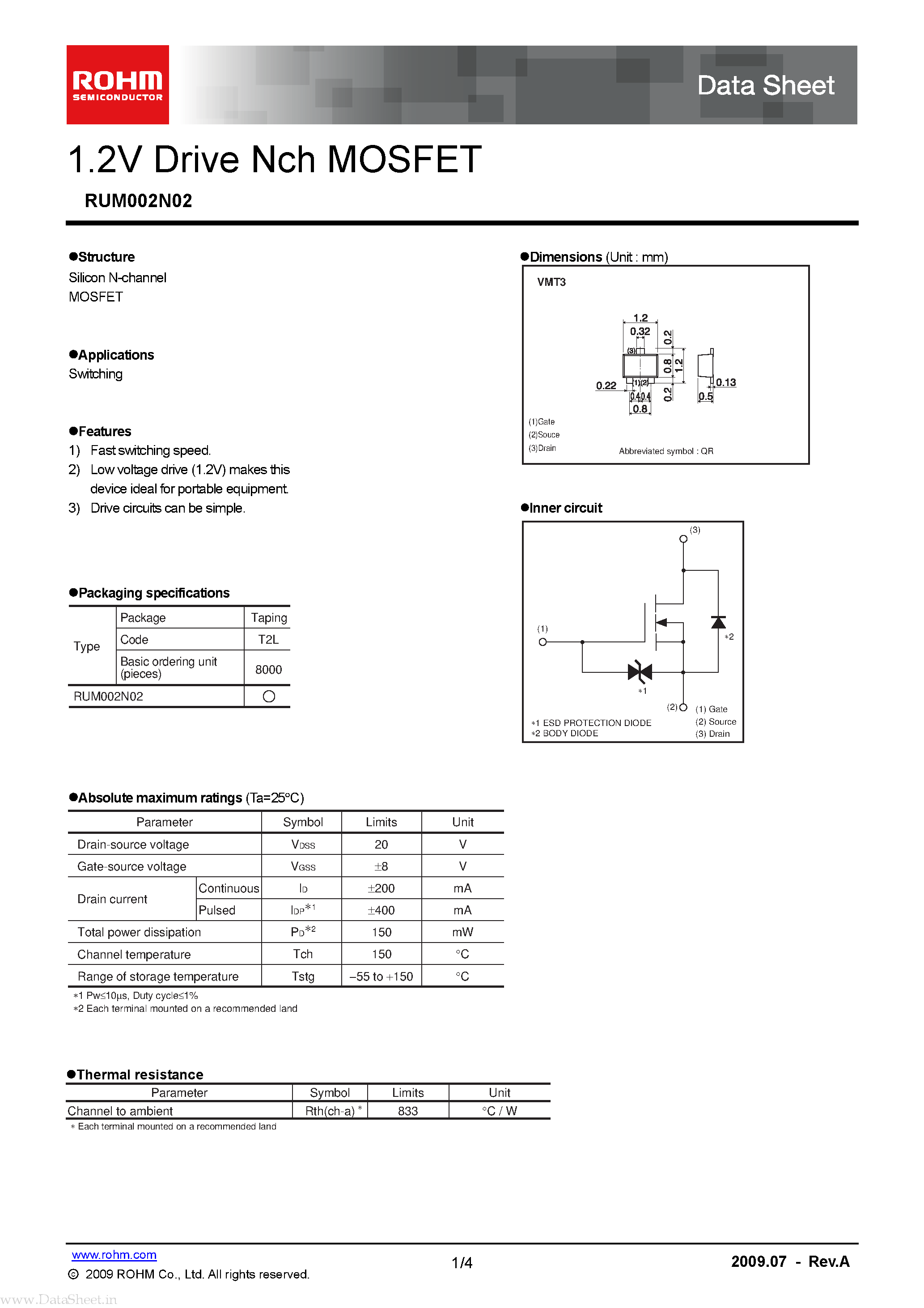 Datasheet RUM002N02 - 1.2V Drive Nch MOSFET page 1