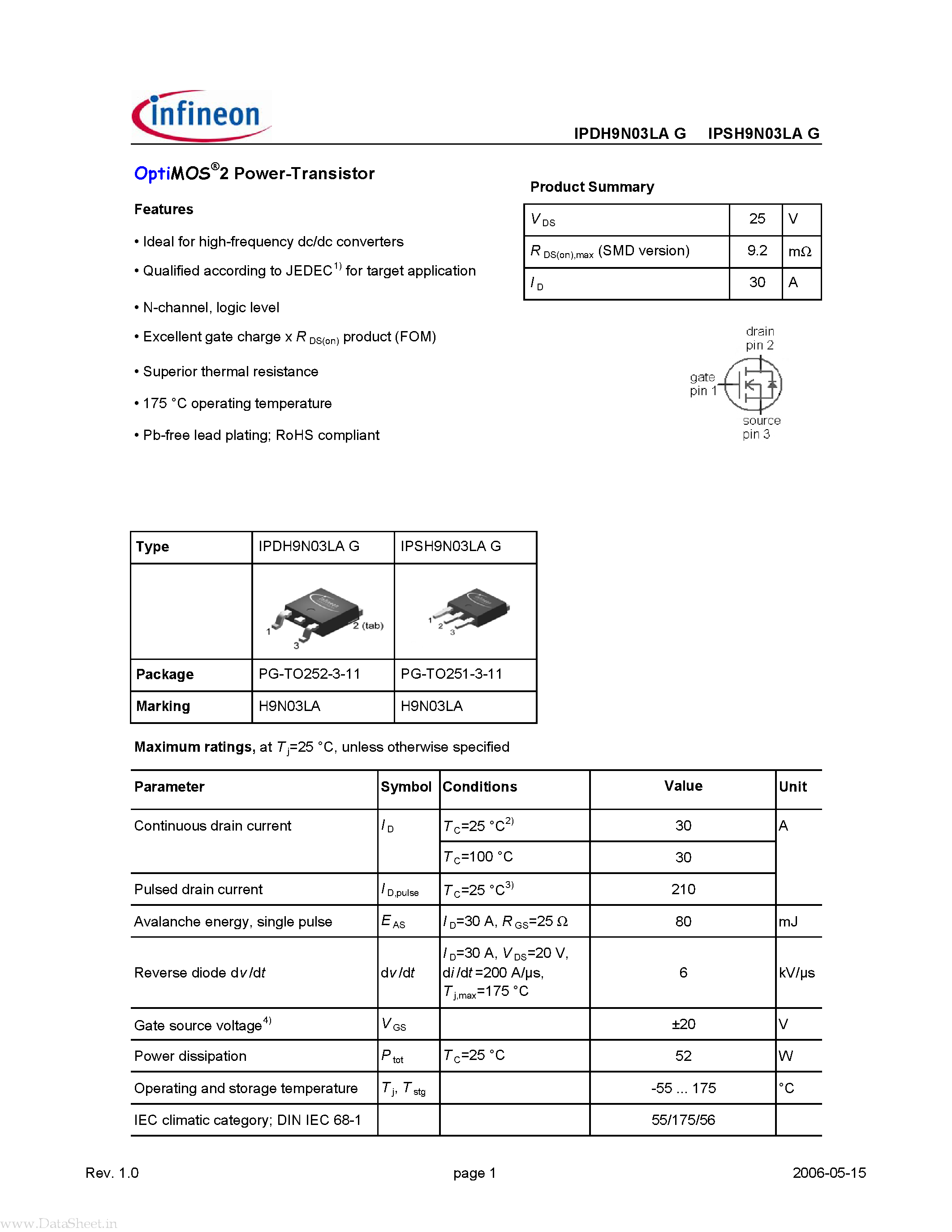 Datasheet H9N03LA - Search -----> IPDH9N03LA page 1
