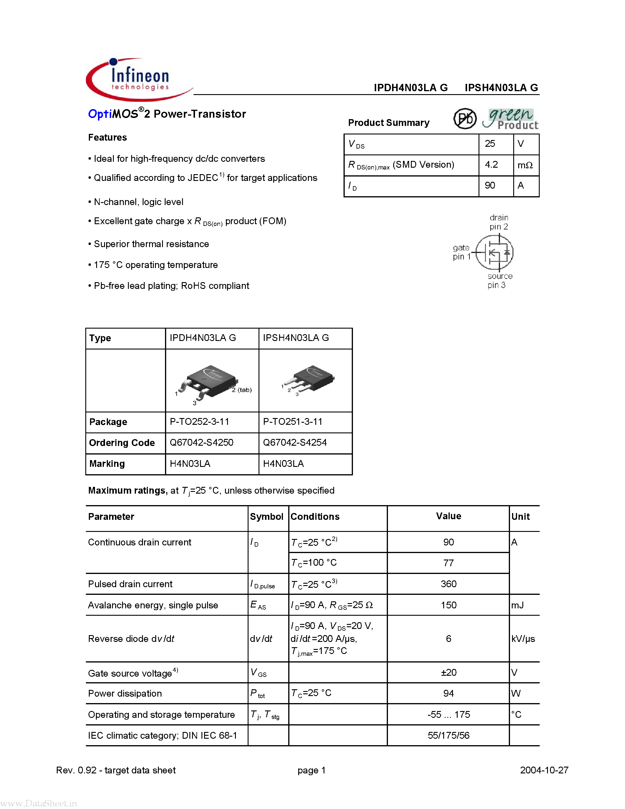 Даташит IPDH4N03LA - OPTIMOS 2 POWER - TRANSISTOR страница 1