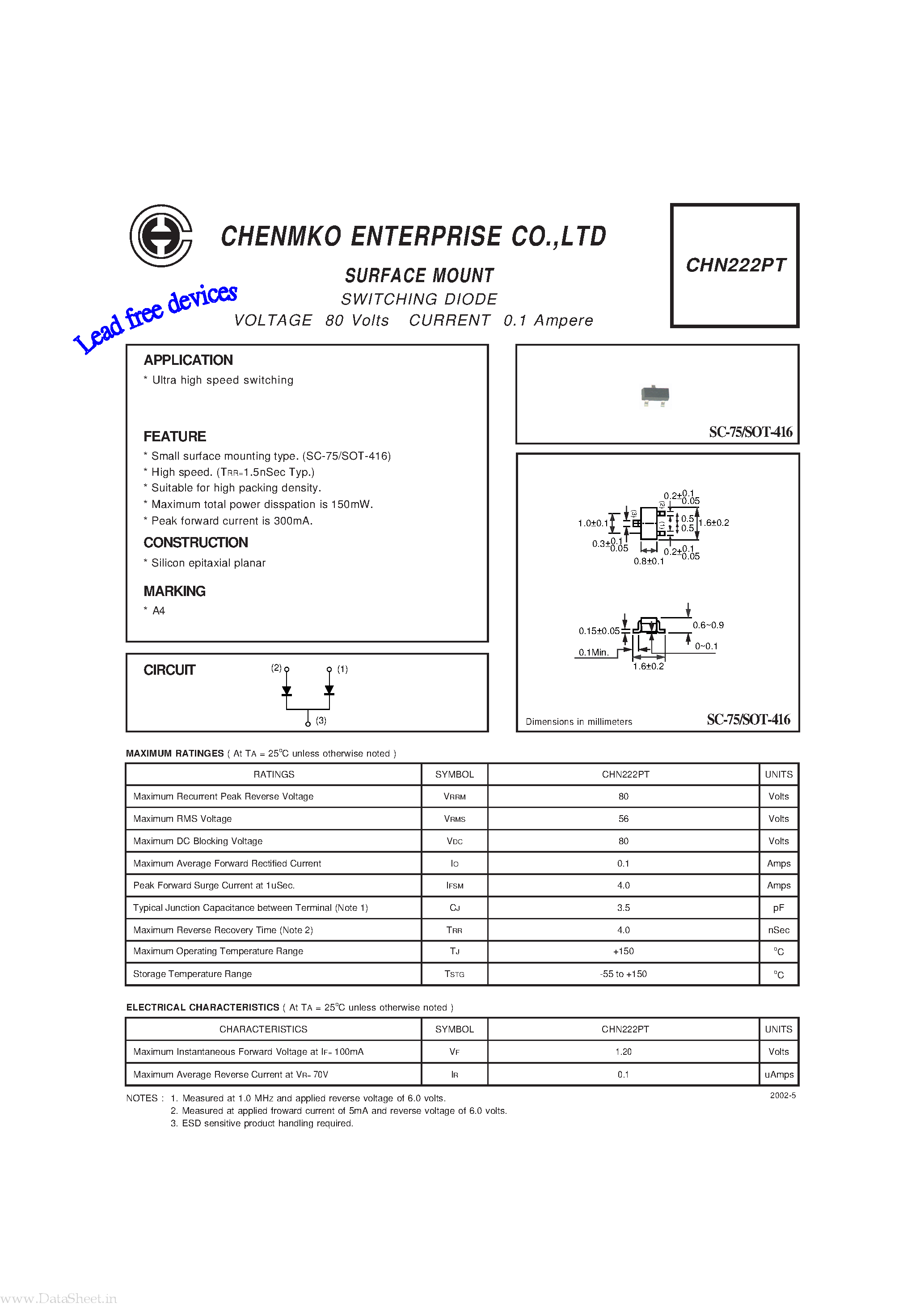 Даташит на микросхему CHN222PT страница 1 Даташит CHN222PT - SWITCHING DIODE страница 1