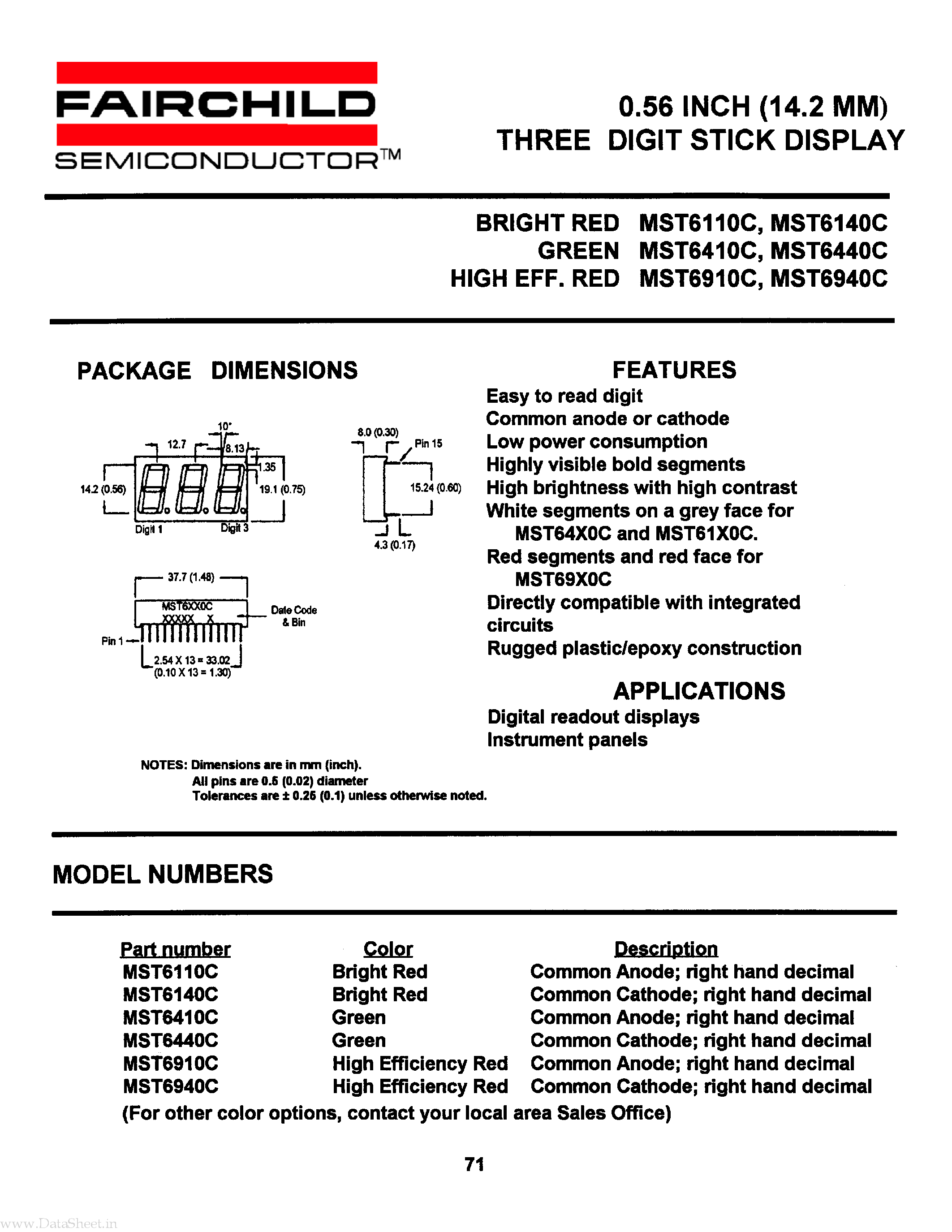 Datasheet MST6110C - (MST6xxxC) 0.56 INCH (14.2 MM) THREE DIGIT STICK DISPLAY page 1
