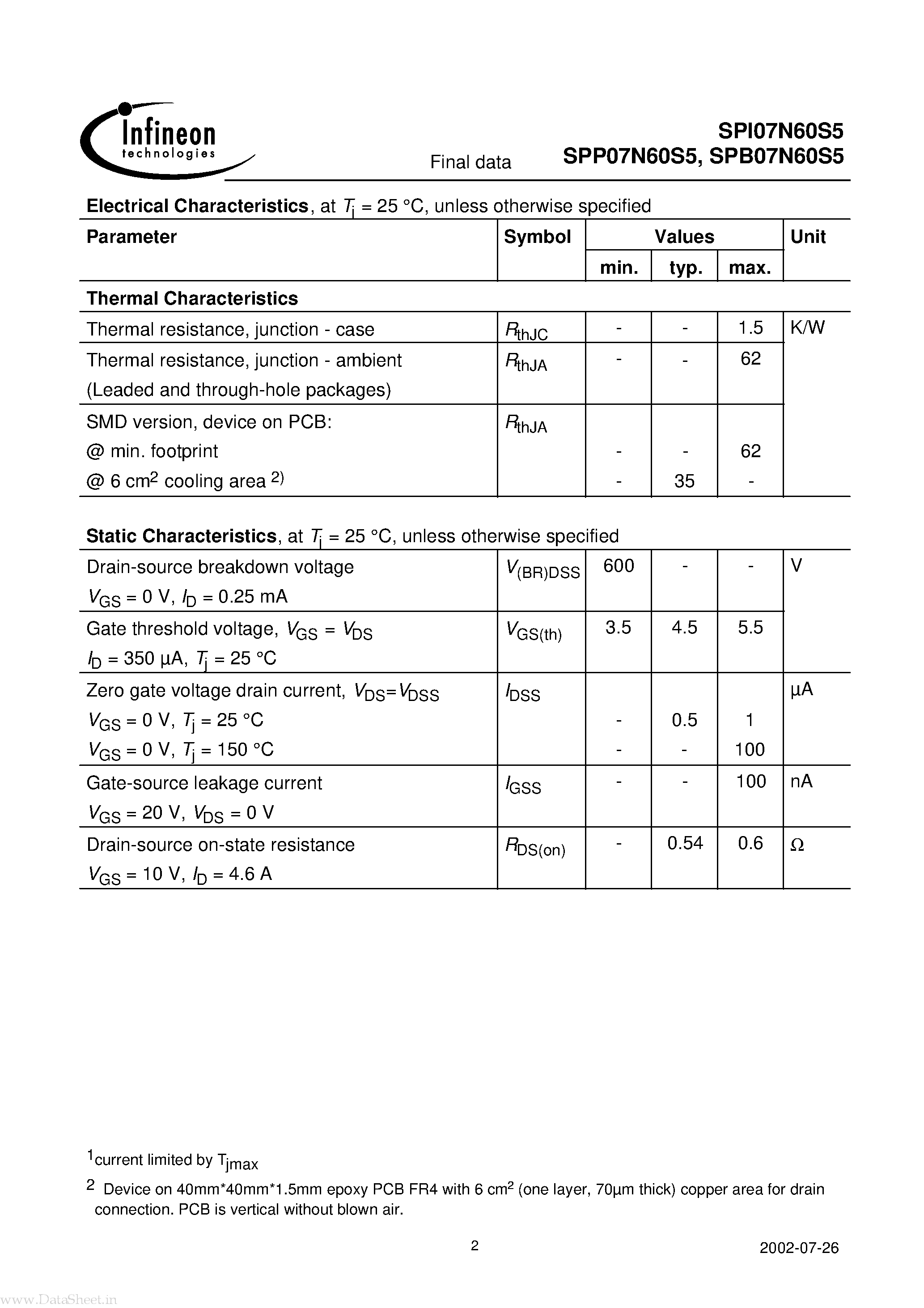 Datasheet 07N60S5 page 2 Datasheet 07N60S5 - Search -----> SPI07N60S5 page 2