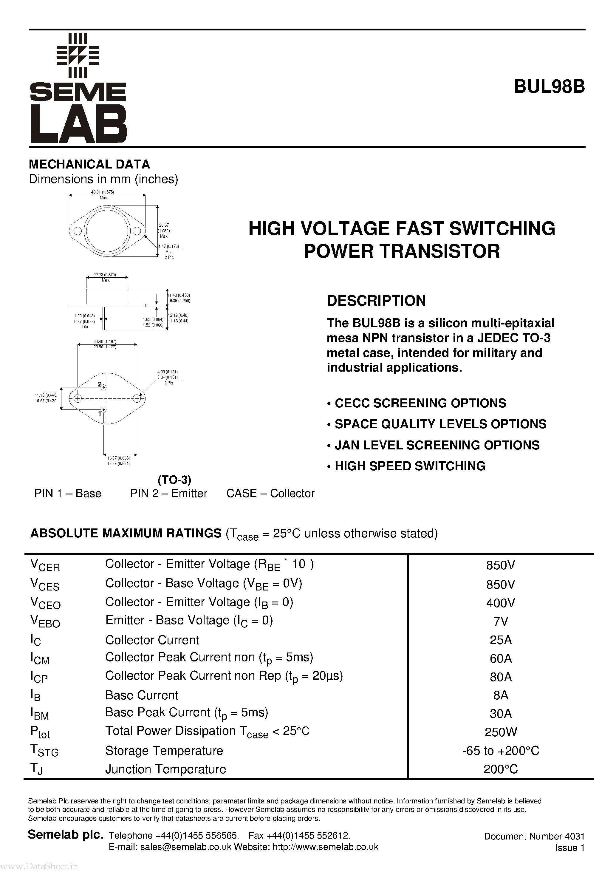 Даташит на микросхему BUL98B страница 1 Даташит BUL98B - HIGH VOLTAGE FAST SWITCHING POWER TRANSISTOR страница 1