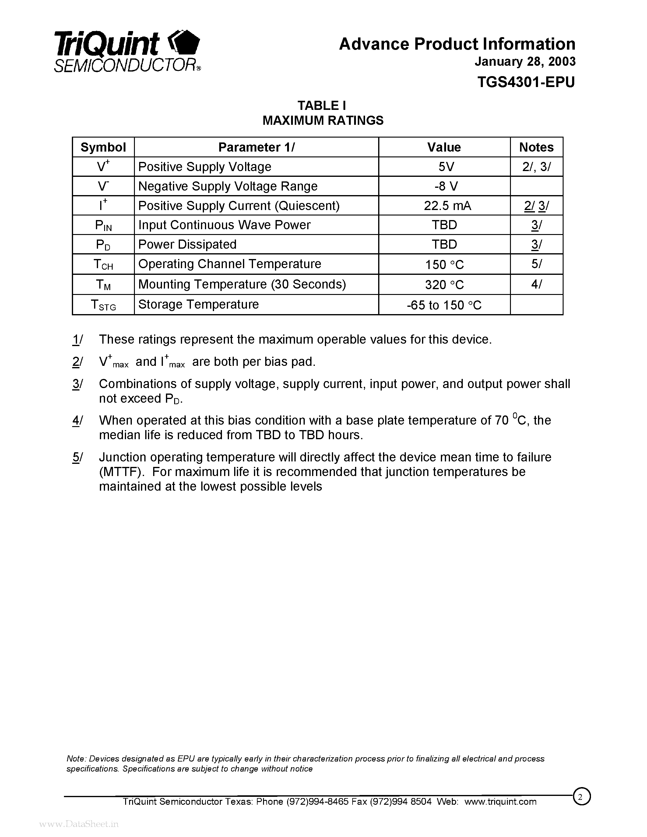 Datasheet TGS4301-EPU page 2 Datasheet TGS4301-EPU - High Power Ka-Band Absorptive SPDT Switch page 2