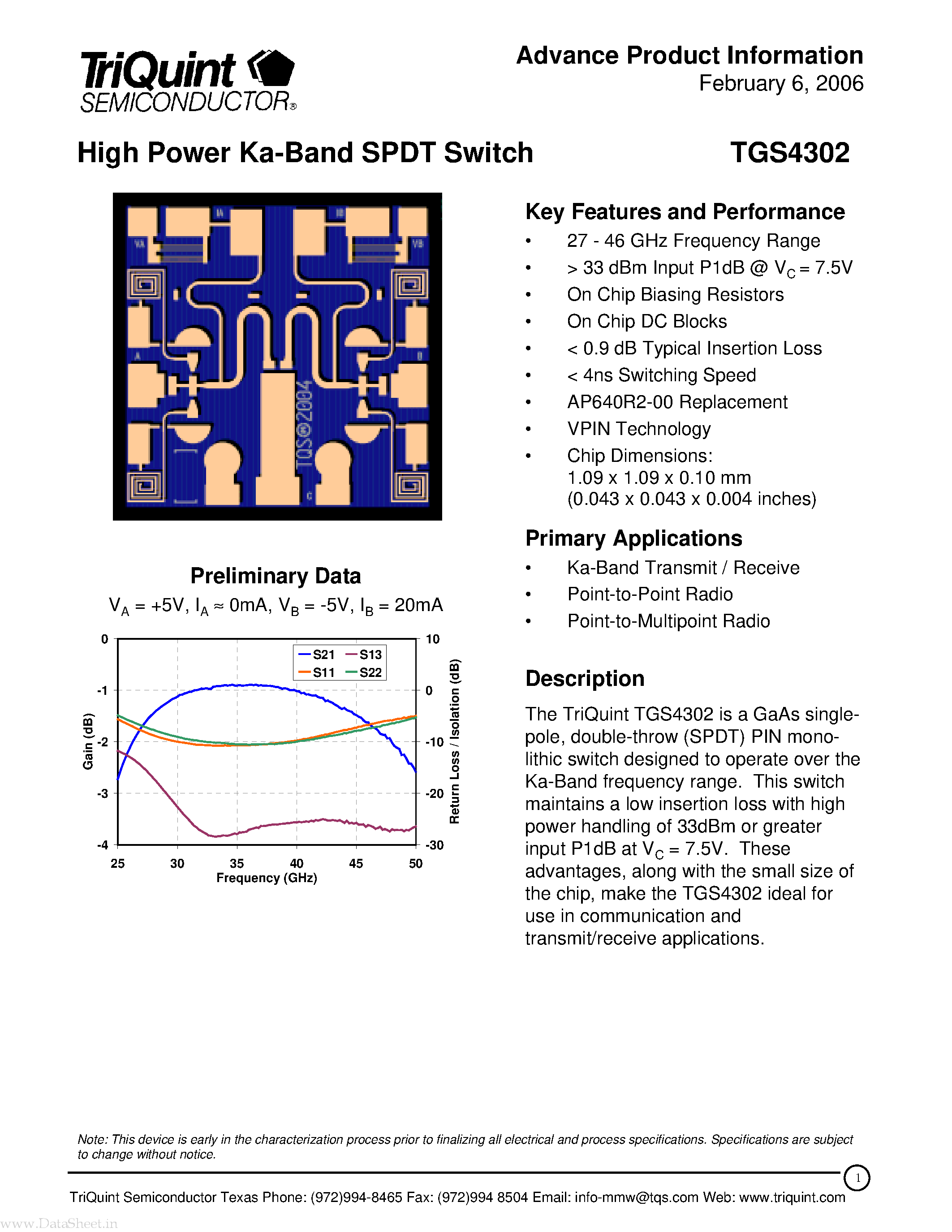 Datasheet TGS4302 page 1 Datasheet TGS4302 - High Power Ka-Band SPDT Switch page 1