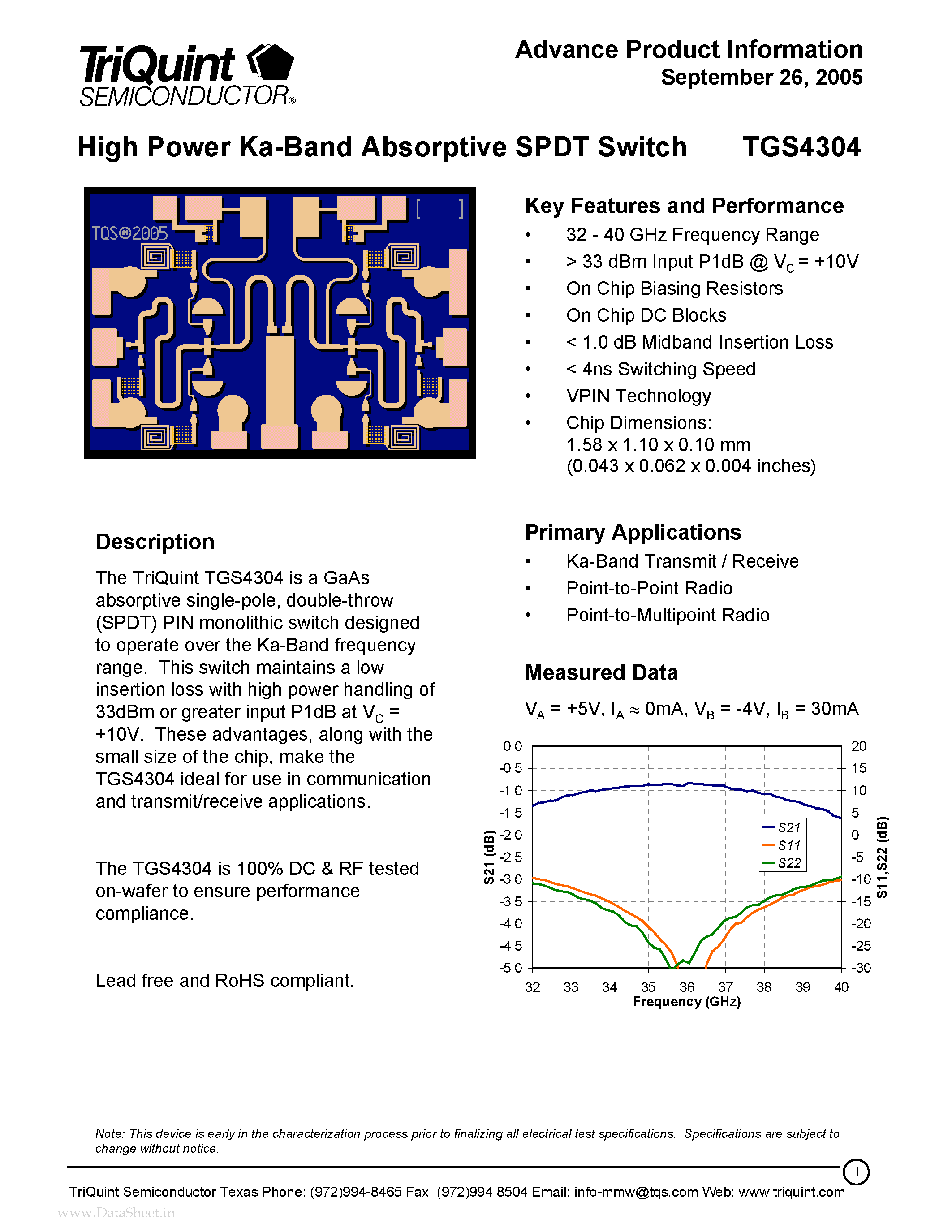 Datasheet TGS4304 - High Power Ka-Band Absorptive SPDT Switch page 1