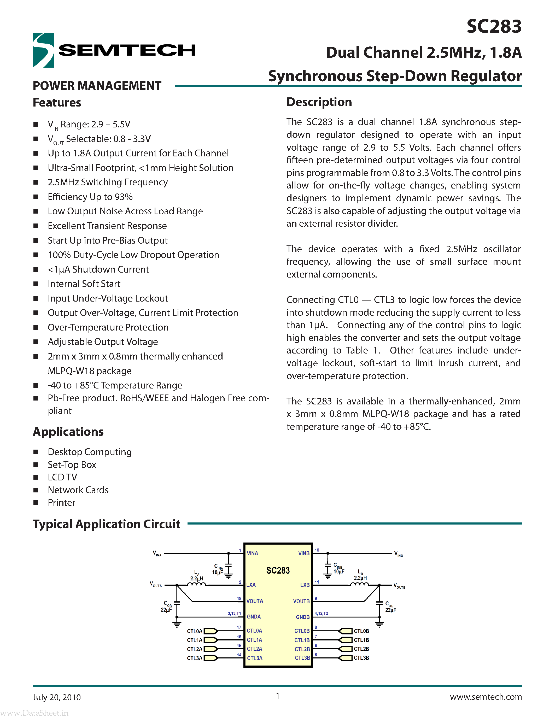 Datasheet SC283 - 1.8A Synchronous Step-Down Regulator page 1