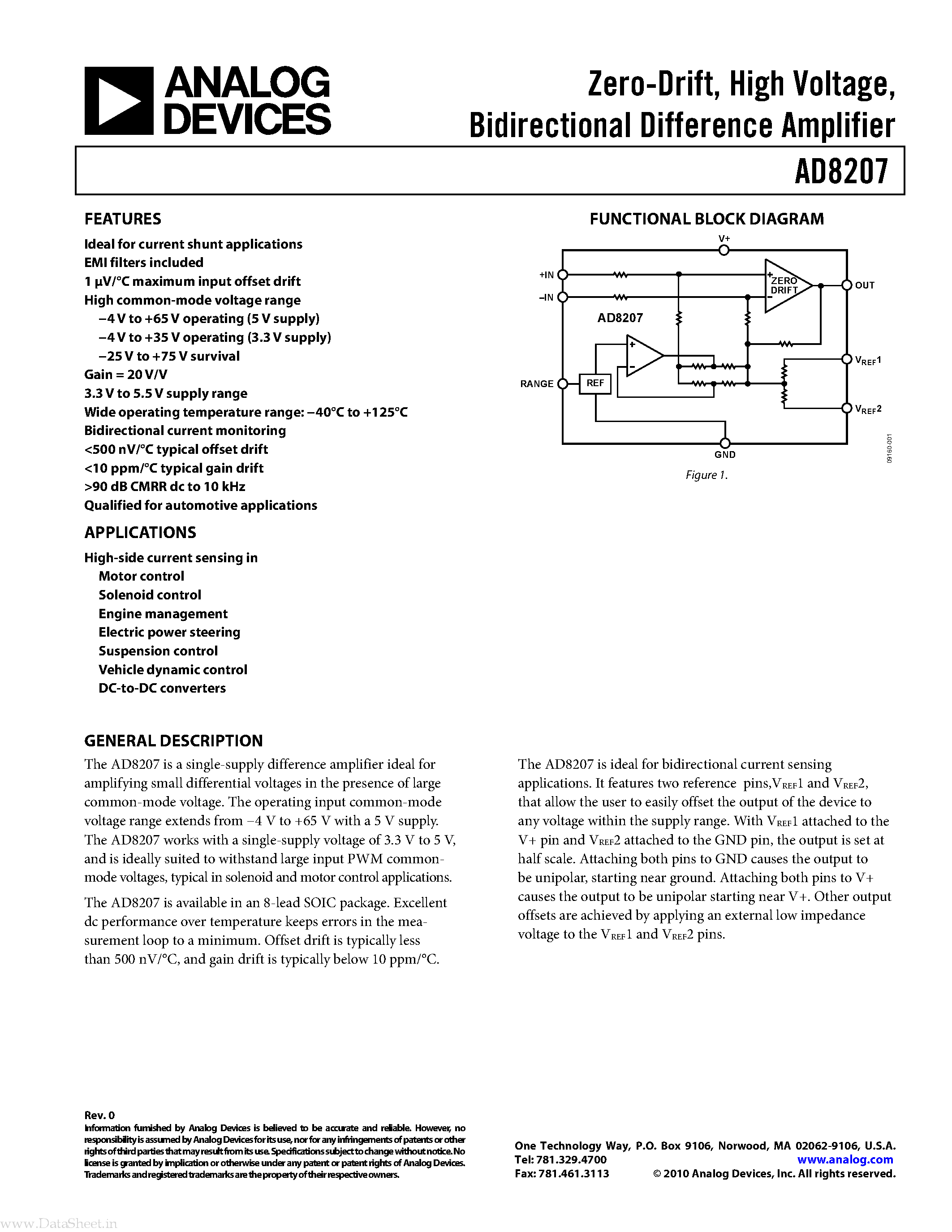 Datasheet AD8207 page 1 Datasheet AD8207 - Bidirectional Difference Amplifier page 1