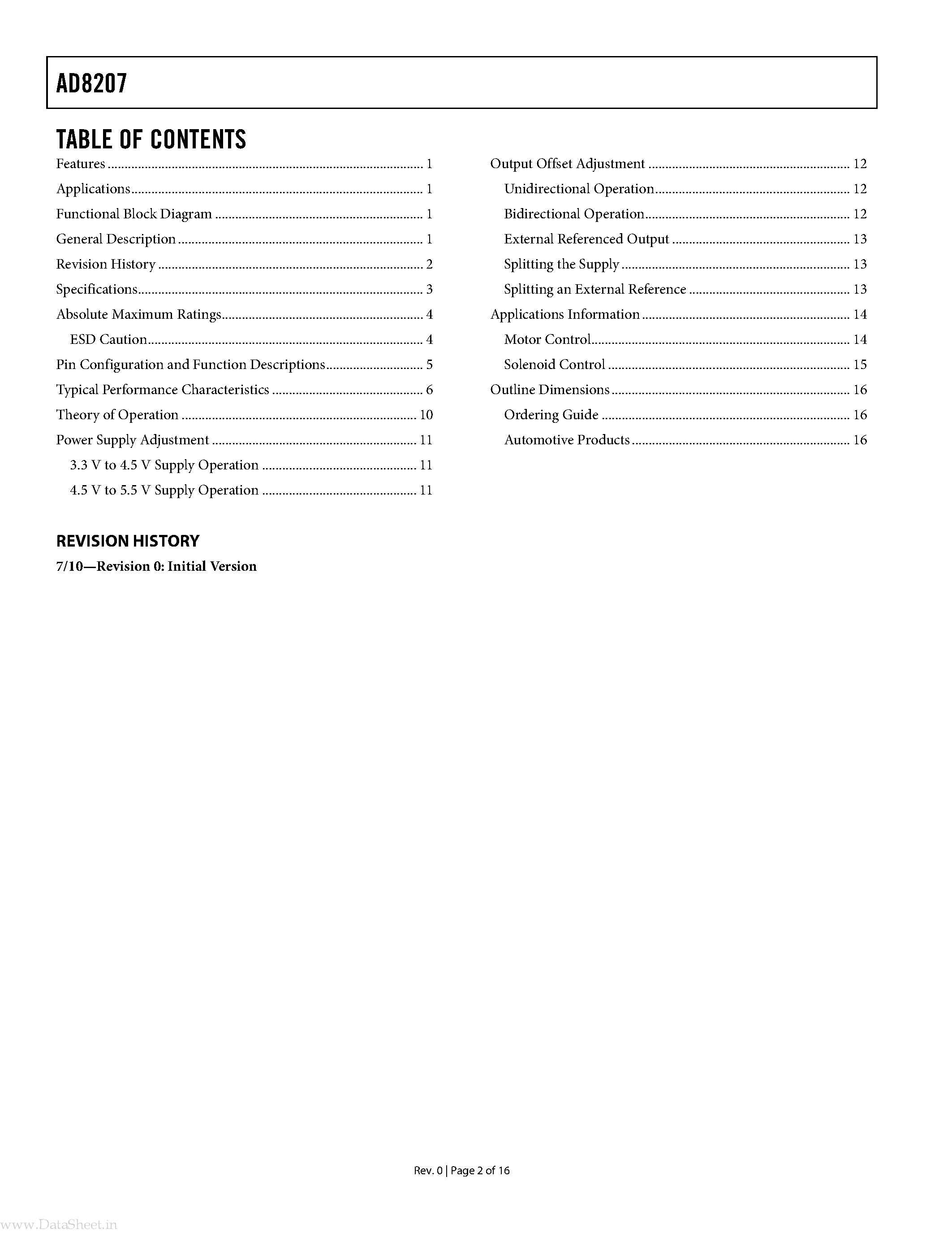 Datasheet AD8207 page 2 Datasheet AD8207 - Bidirectional Difference Amplifier page 2