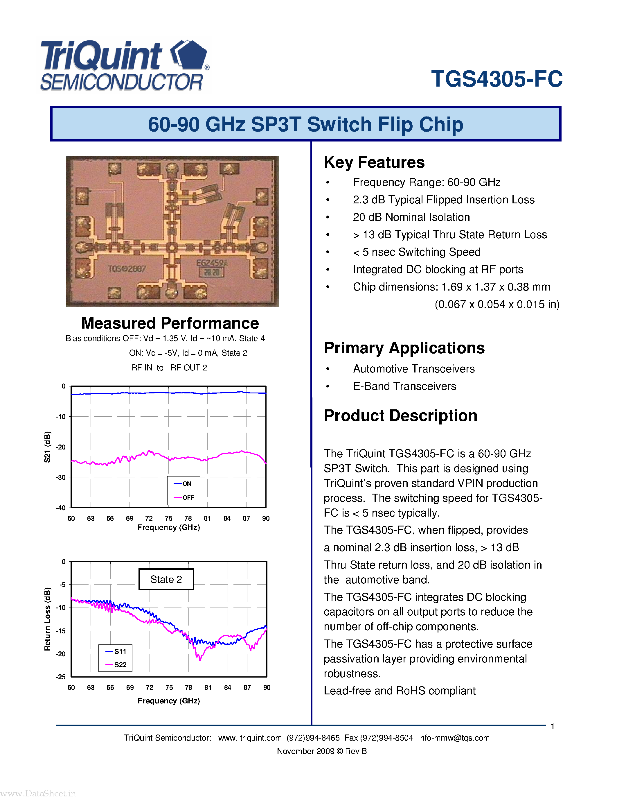 Datasheet TGS4305-FC page 1 Datasheet TGS4305-FC - 60-90 GHz SP3T Switch Flip Chip page 1