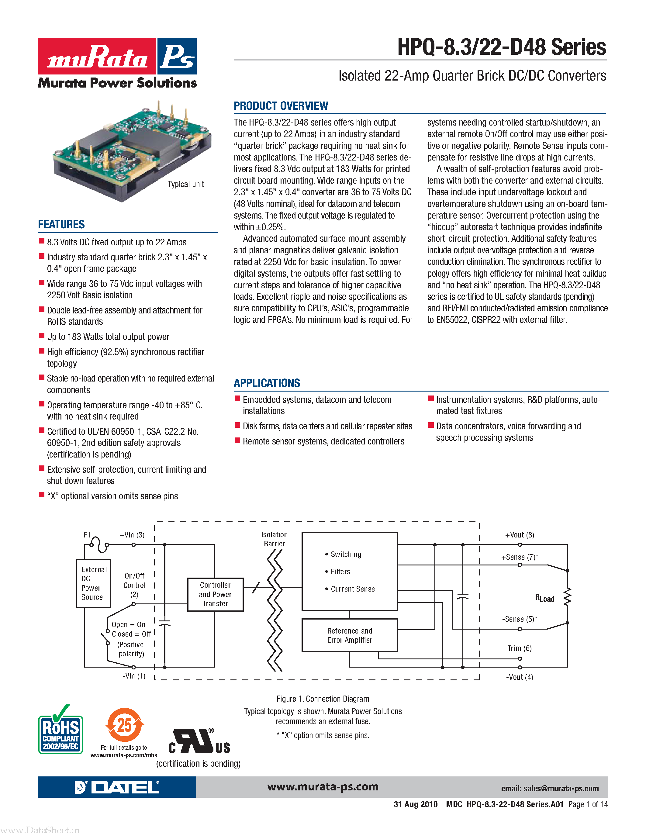 Datasheet HPQ-8.3 - Isolated 22-Amp Quarter Brick DC/DC Converters page 1
