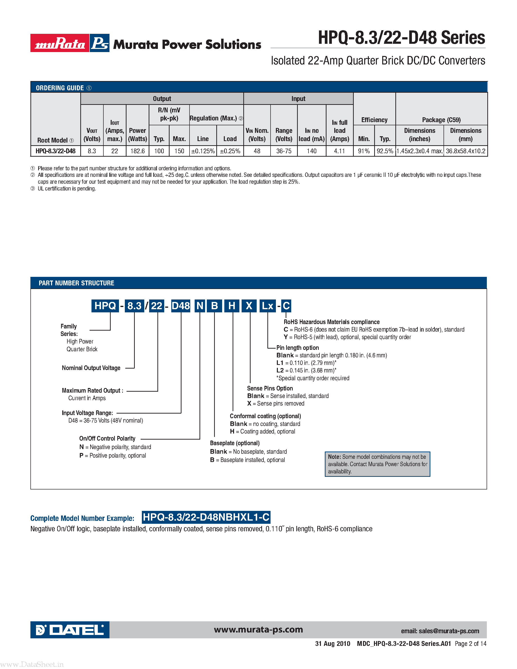 Datasheet HPQ-8.3 - Isolated 22-Amp Quarter Brick DC/DC Converters page 2