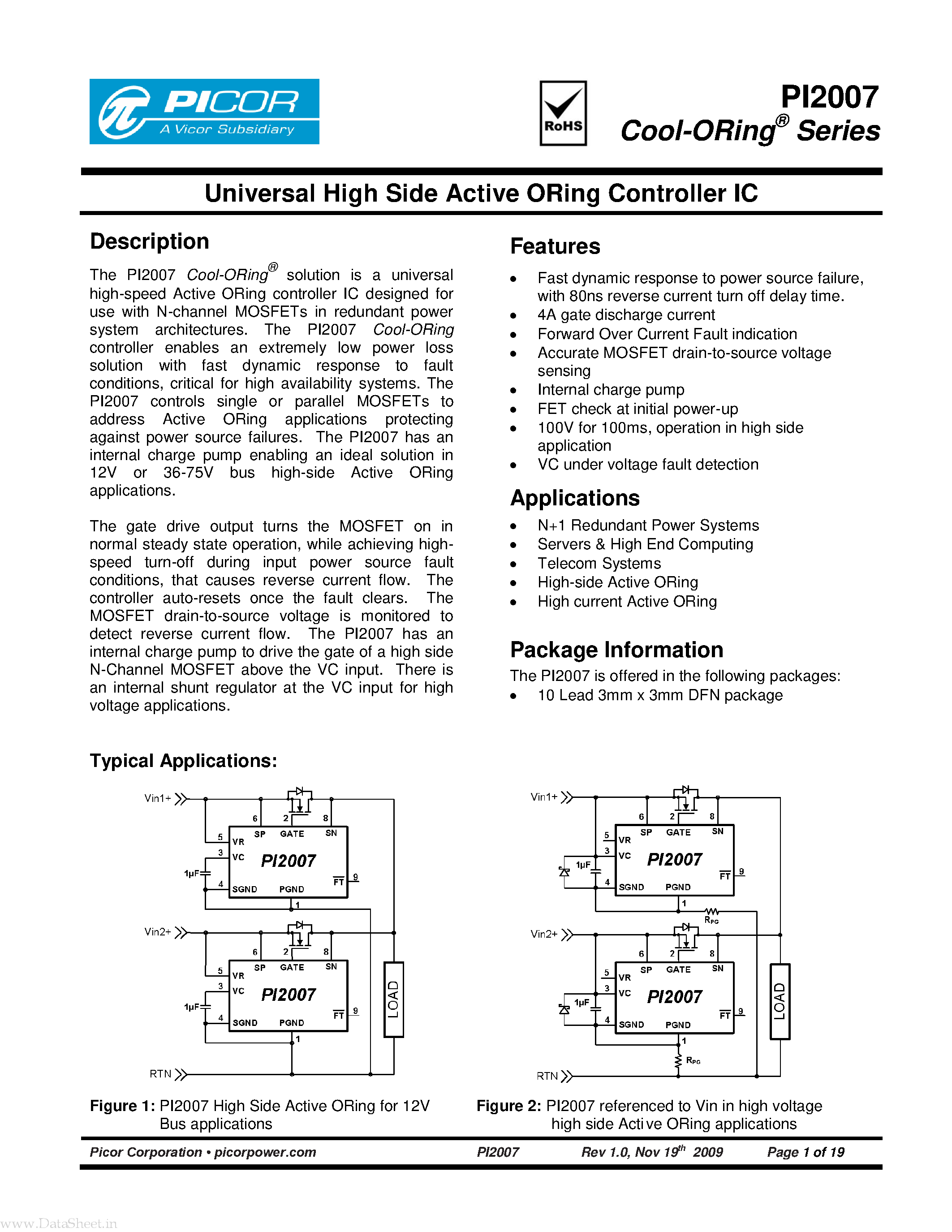 Даташит PI2007 - Universal High Side Active ORing Controller IC страница 1