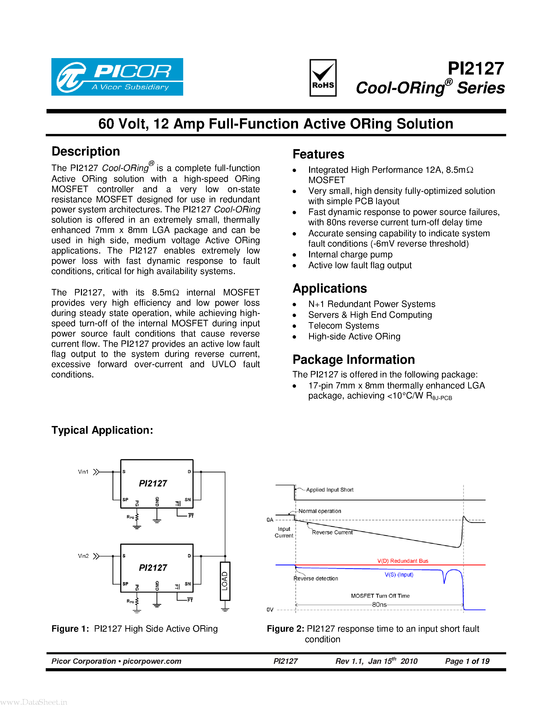 Даташит PI2127 - 12 Amp Full-Function Active ORing Solution страница 1