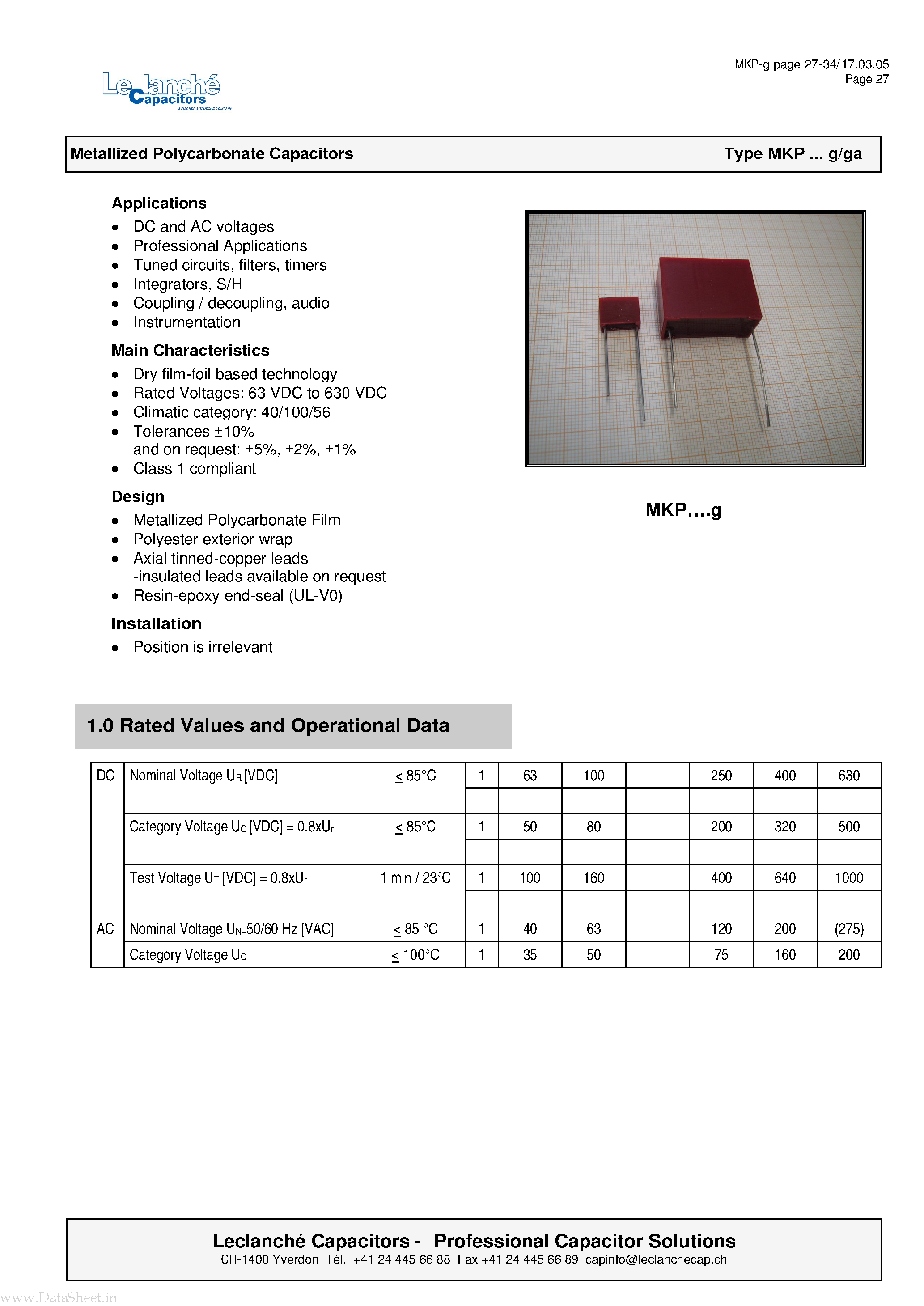 Datasheet MKP - Metallized Polycarbonate Capacitors page 1
