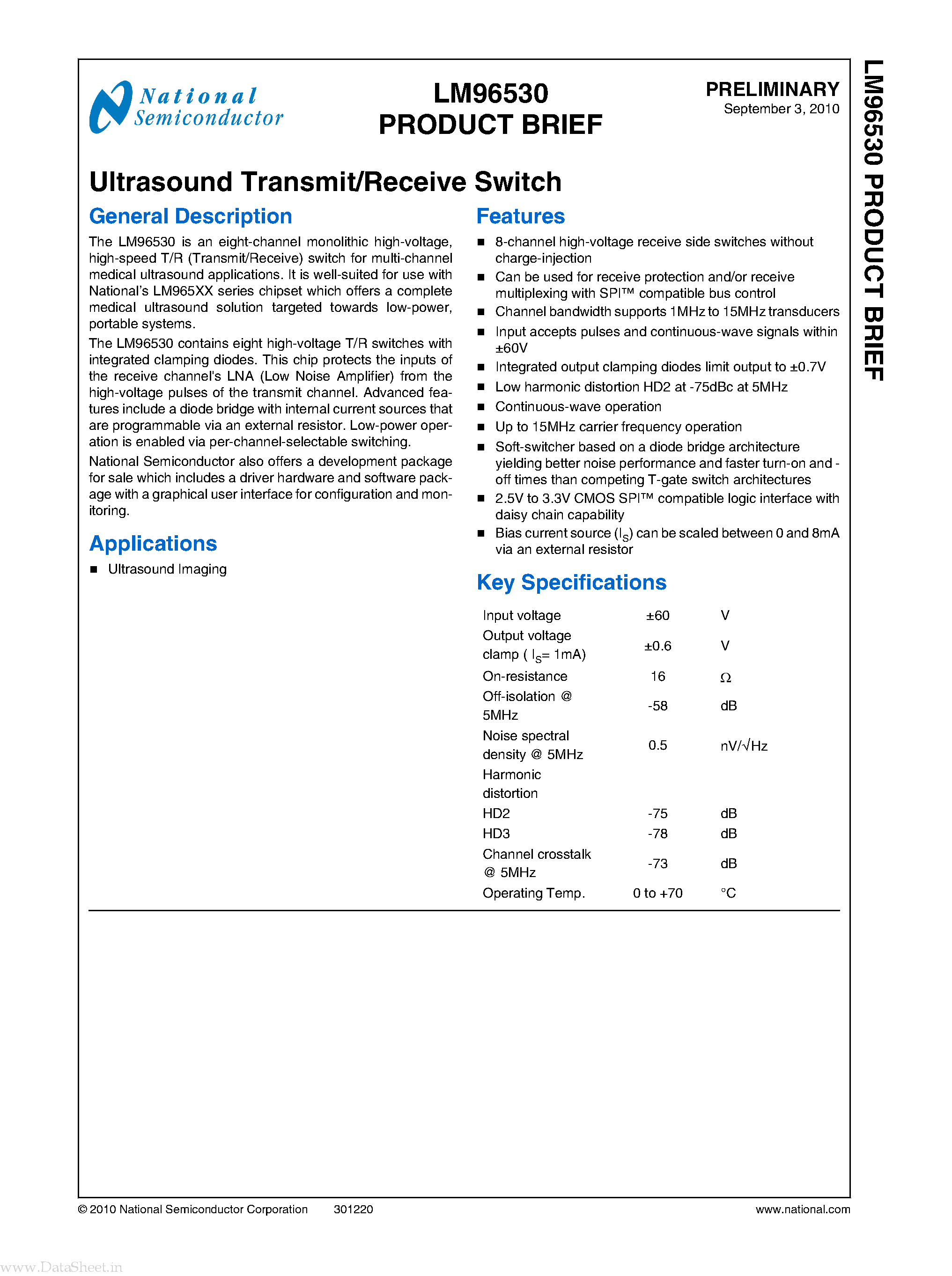 Datasheet LM96530 - Ultrasound Transmit/Receive Switch page 1
