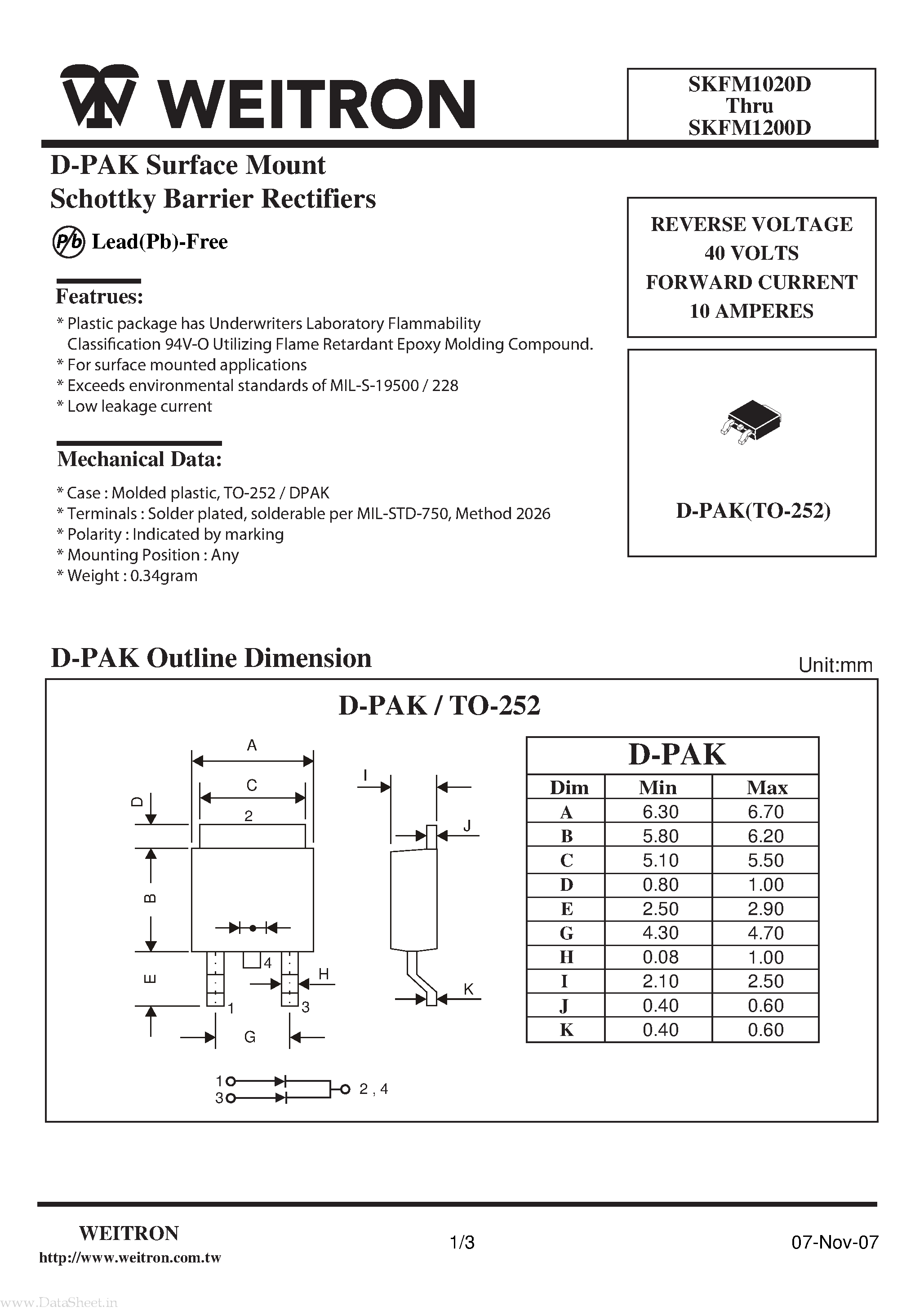 Даташит SKFM10100 - (SKFM1020D - SKFM1200D) D-PAK Surface Mount Schottky Barrier Rectifiers страница 1