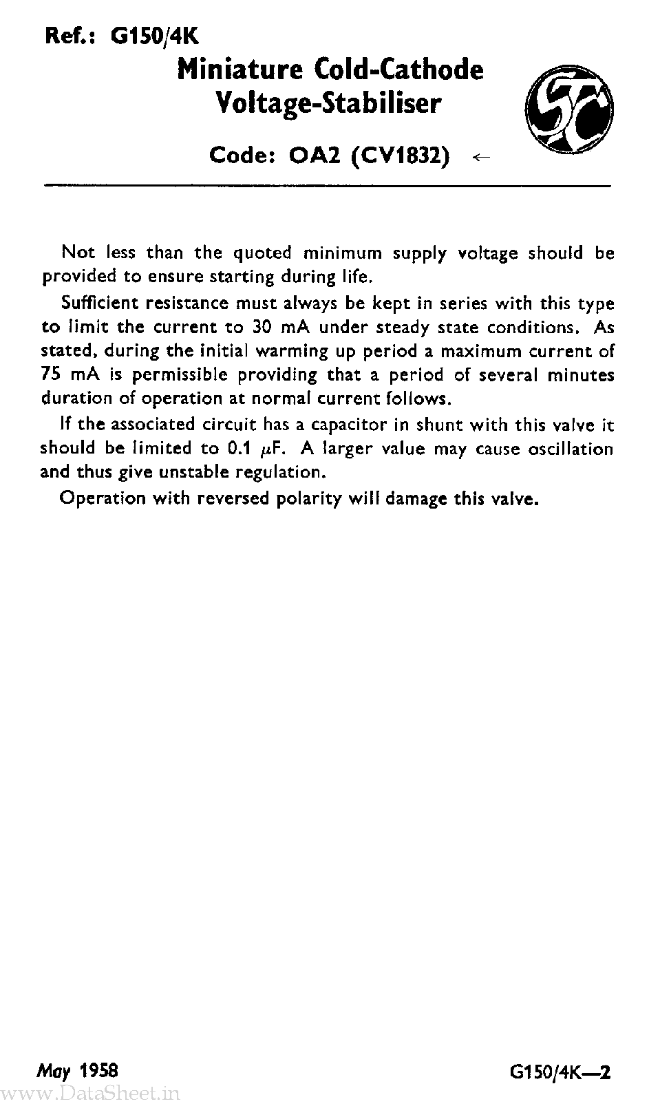 Datasheet 0A2 - Voltage Stabiliser page 2