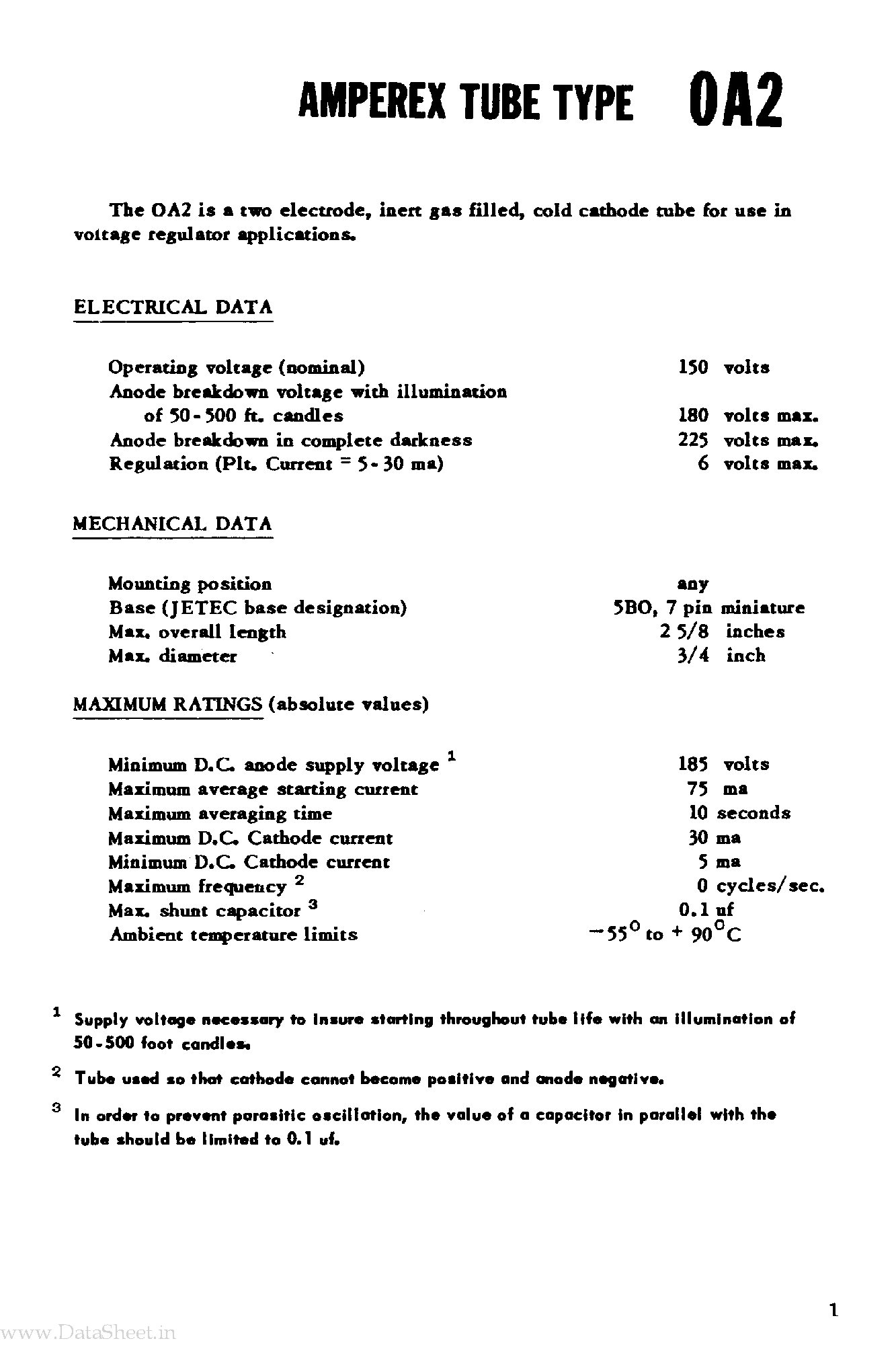 Datasheet 0A2 - Amperex Tube Type page 1