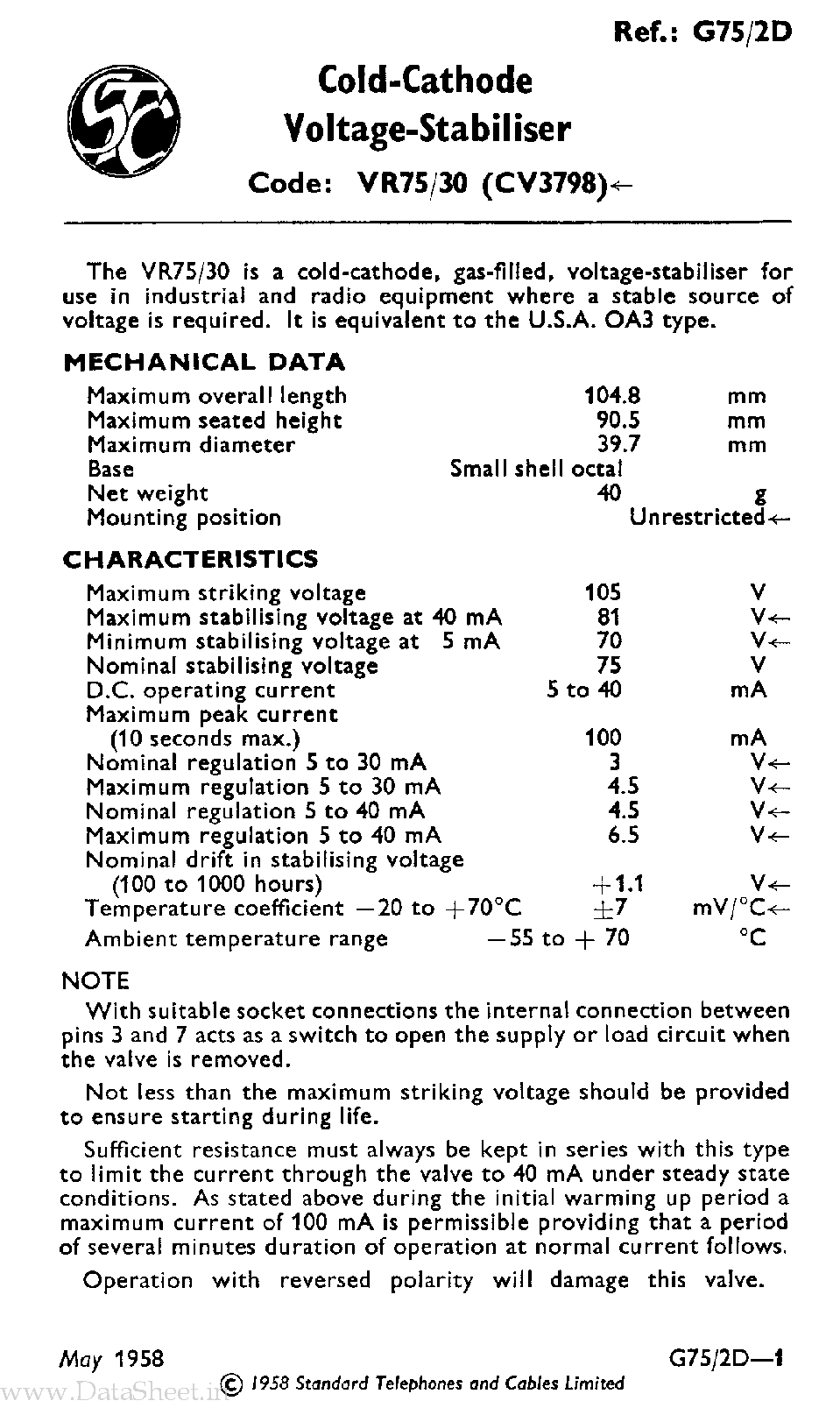 Datasheet G75-2D page 1 Datasheet G75-2D - Cold Cathode Voltage Stabiliser page 1