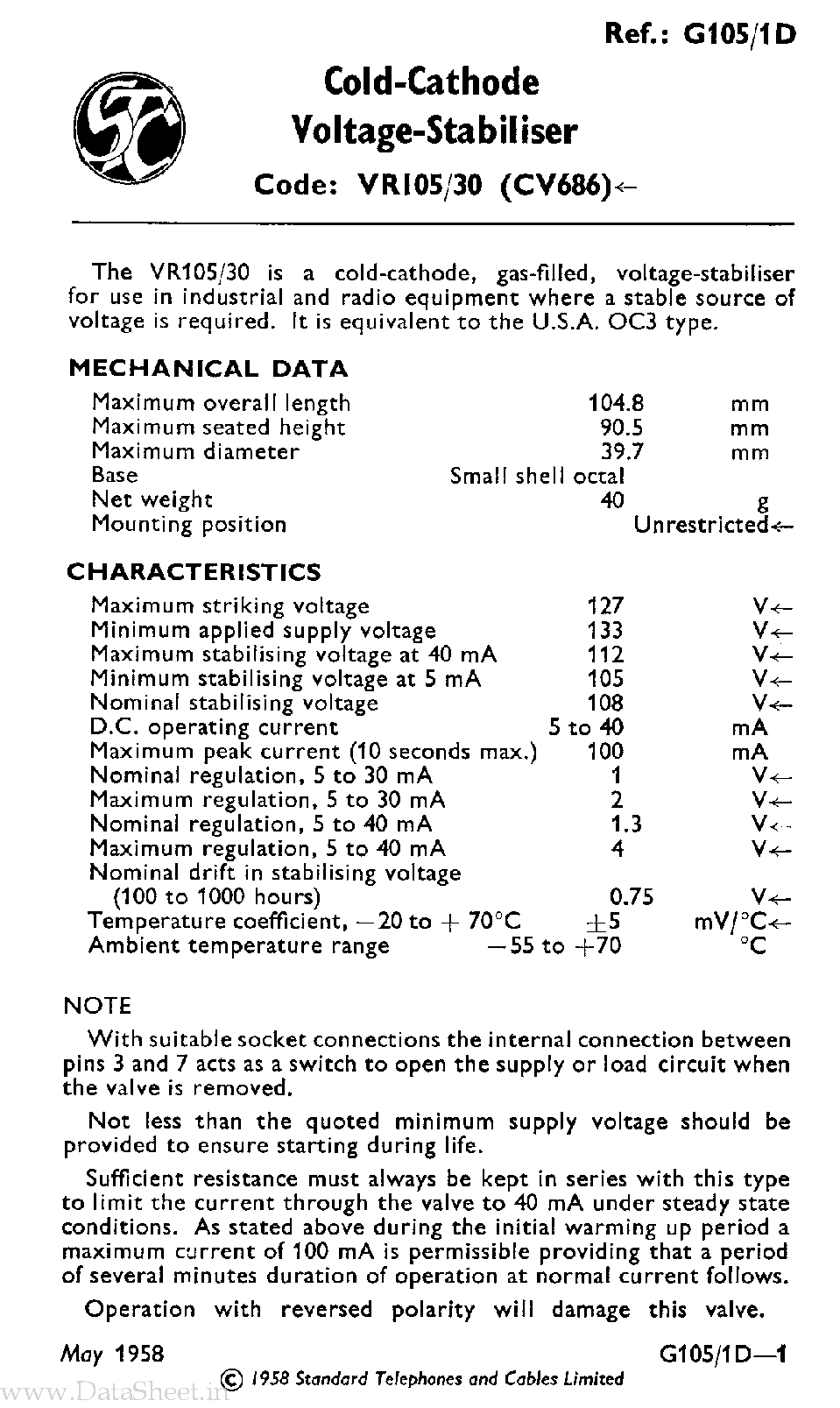 Datasheet G105-1D page 1 Datasheet G105-1D - Voltage Stabiliser page 1
