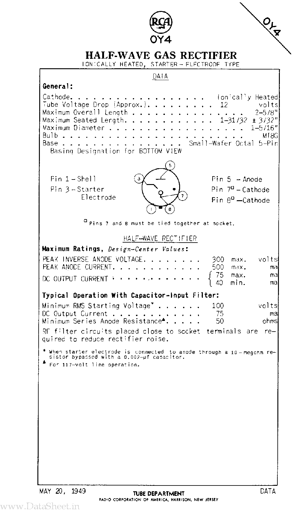 Datasheet 0Y4 - Half Wave Gas Rectifier page 1