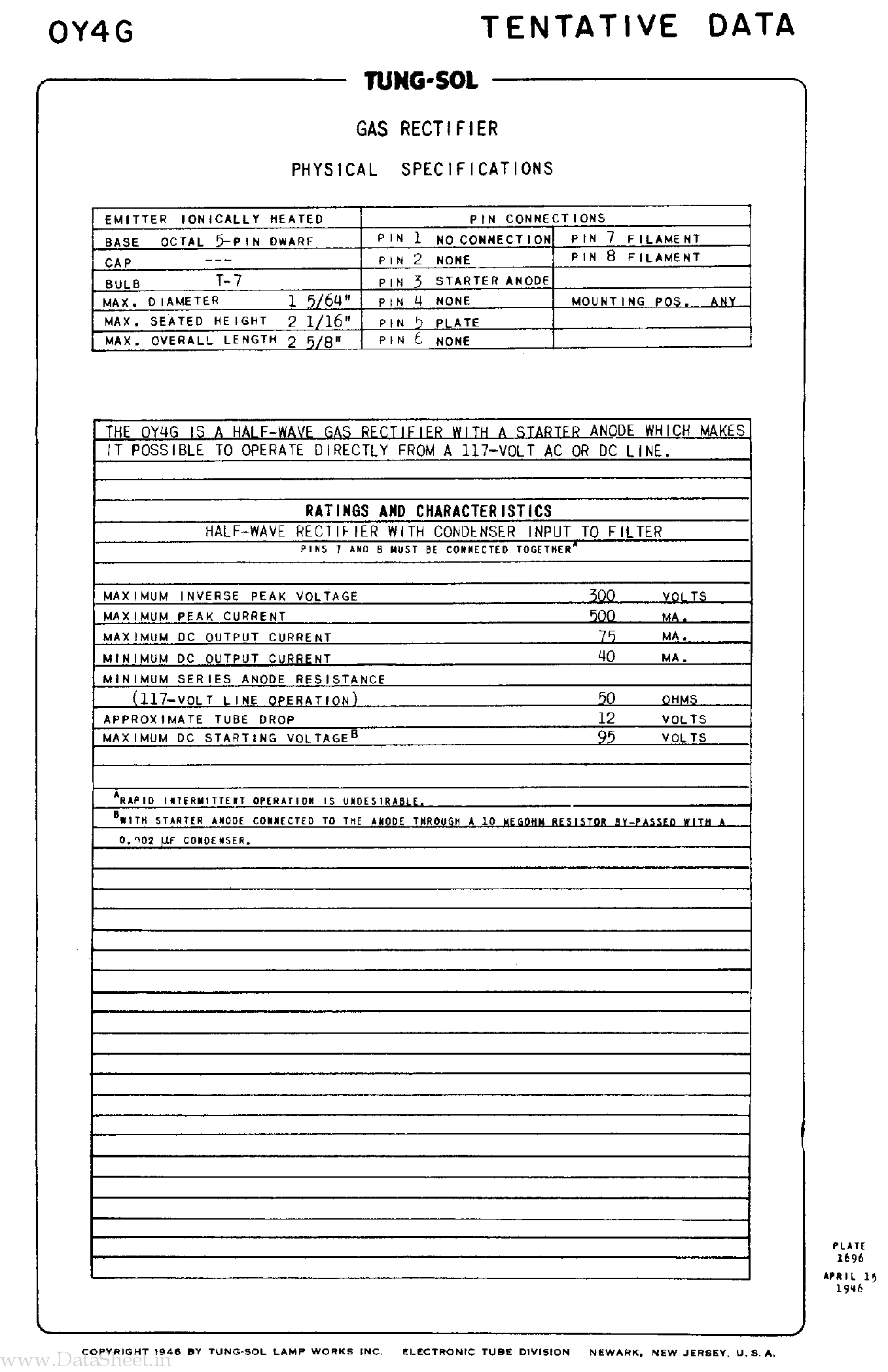 Datasheet 0Y4G - Gas Rectifier page 1