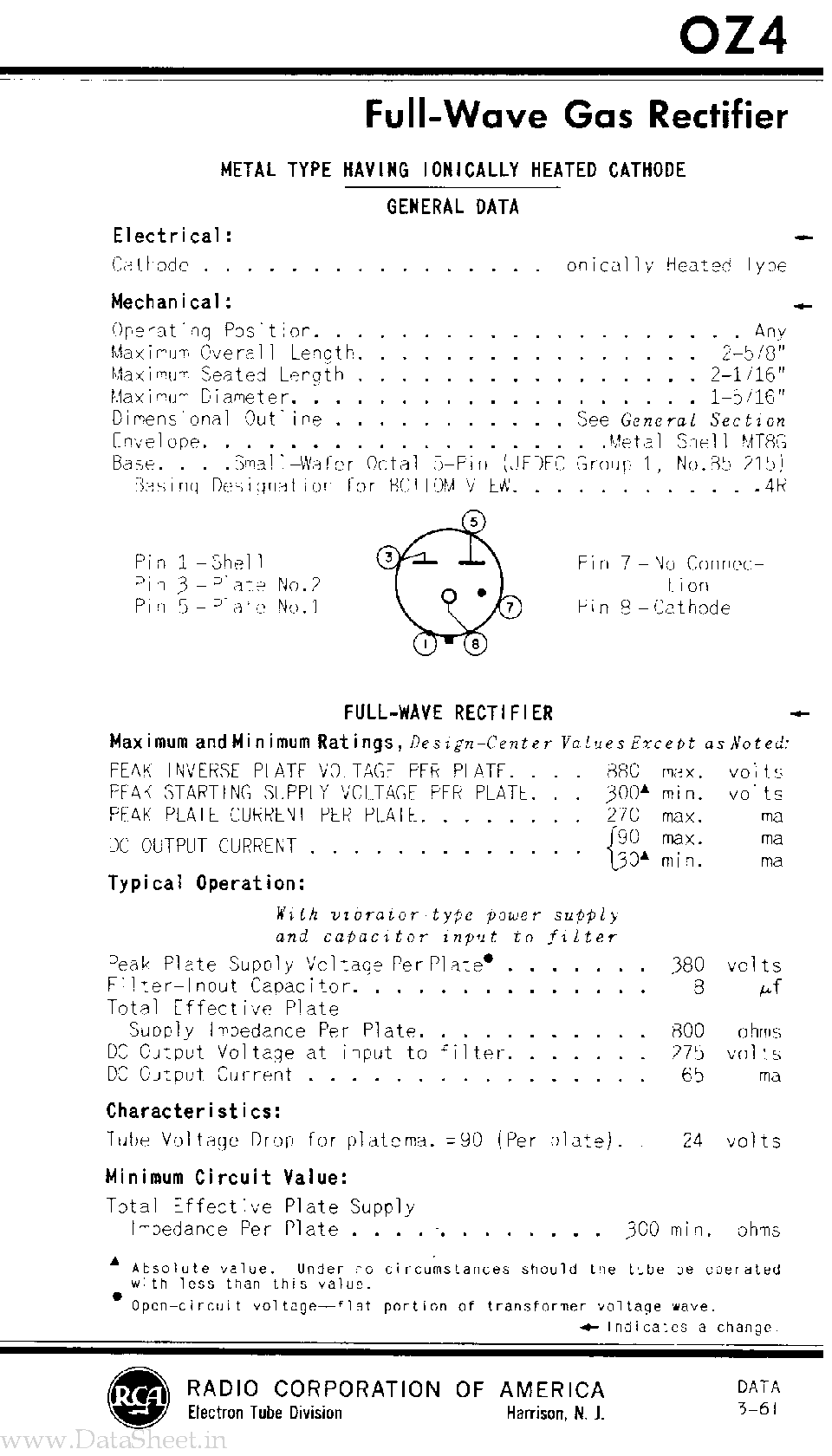 Datasheet 0Z4 - Full Wave Gas Rectifier page 1