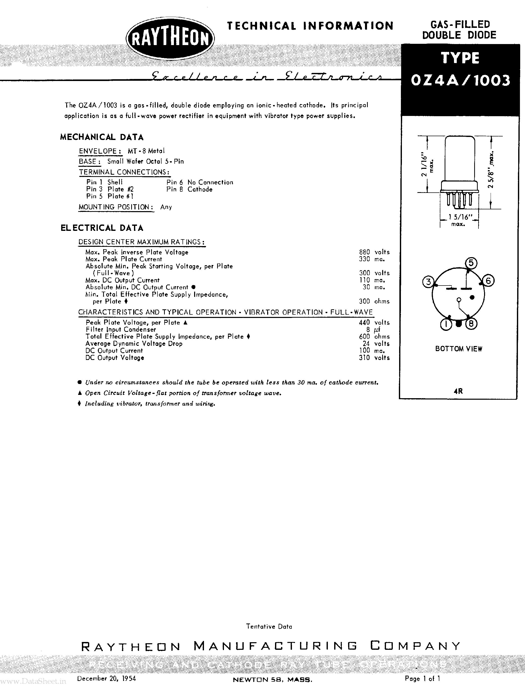 Datasheet 0Z4A page 1 Datasheet 0Z4A - Gas Filled Double Diode page 1