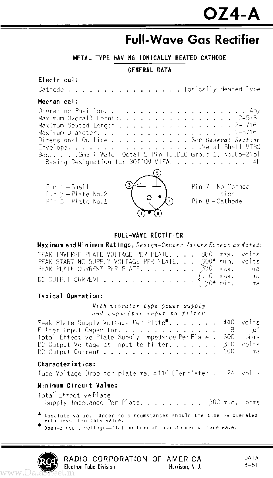 Datasheet 0Z4A - Full Wave Gas Rectifier page 1