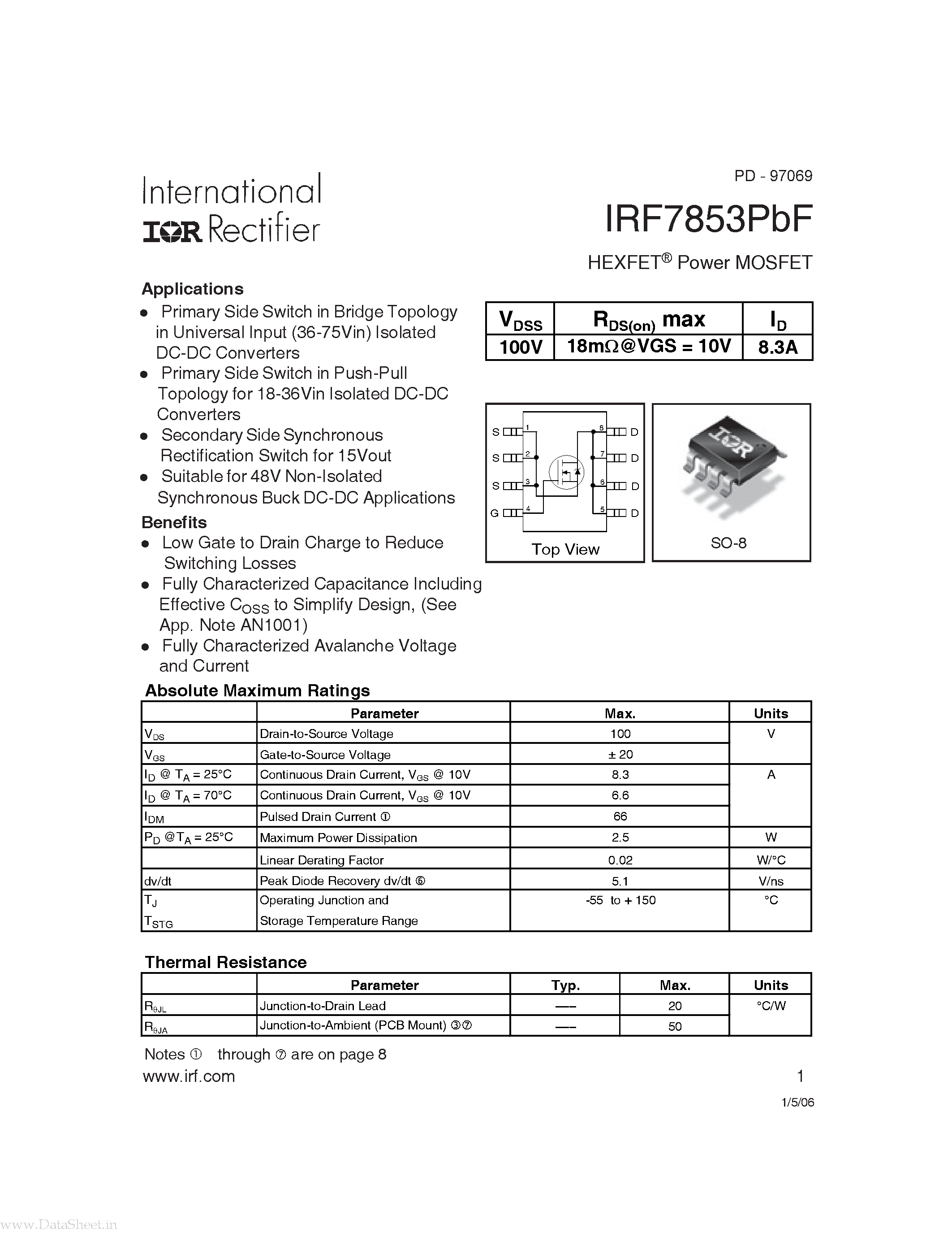 Datasheet IRF7853PBF - HEXFET Power MOSFET page 1