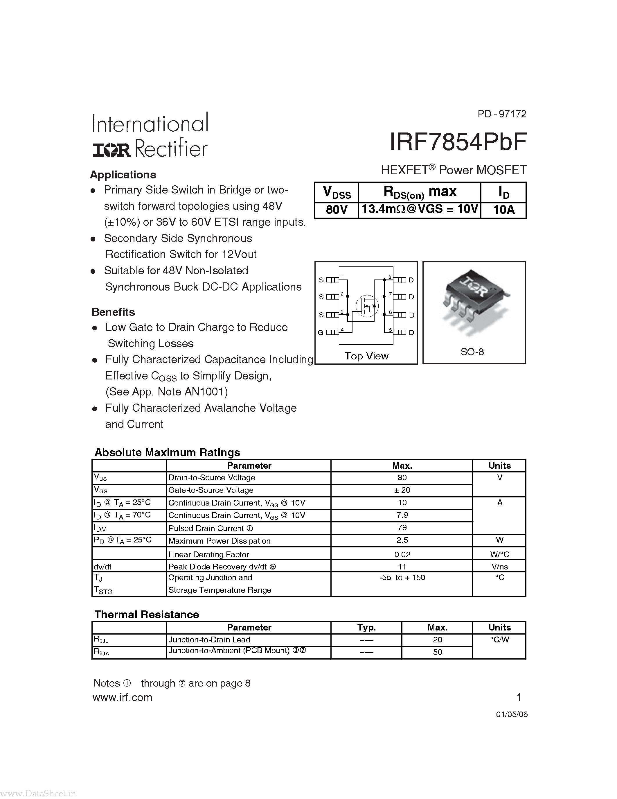 Datasheet IRF7854PBF - HEXFET Power MOSFET page 1