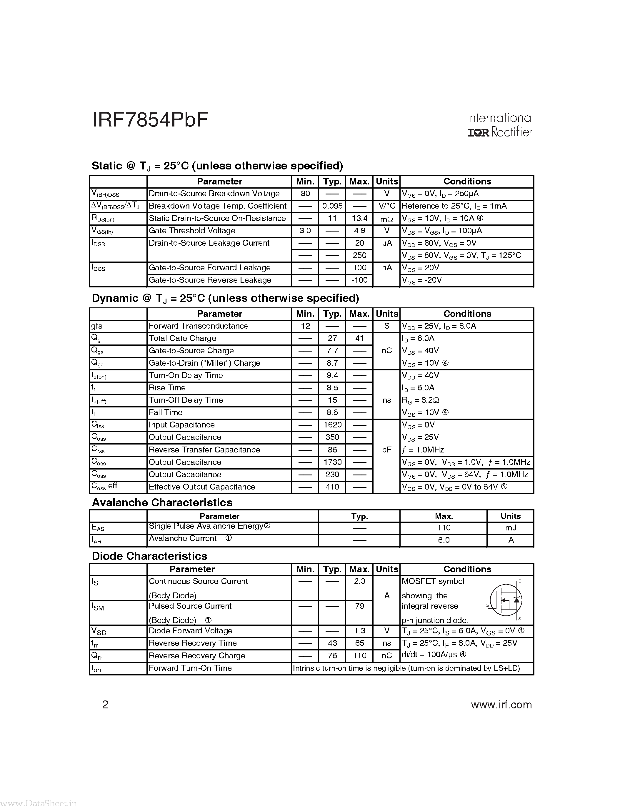 Datasheet IRF7854PBF - HEXFET Power MOSFET page 2