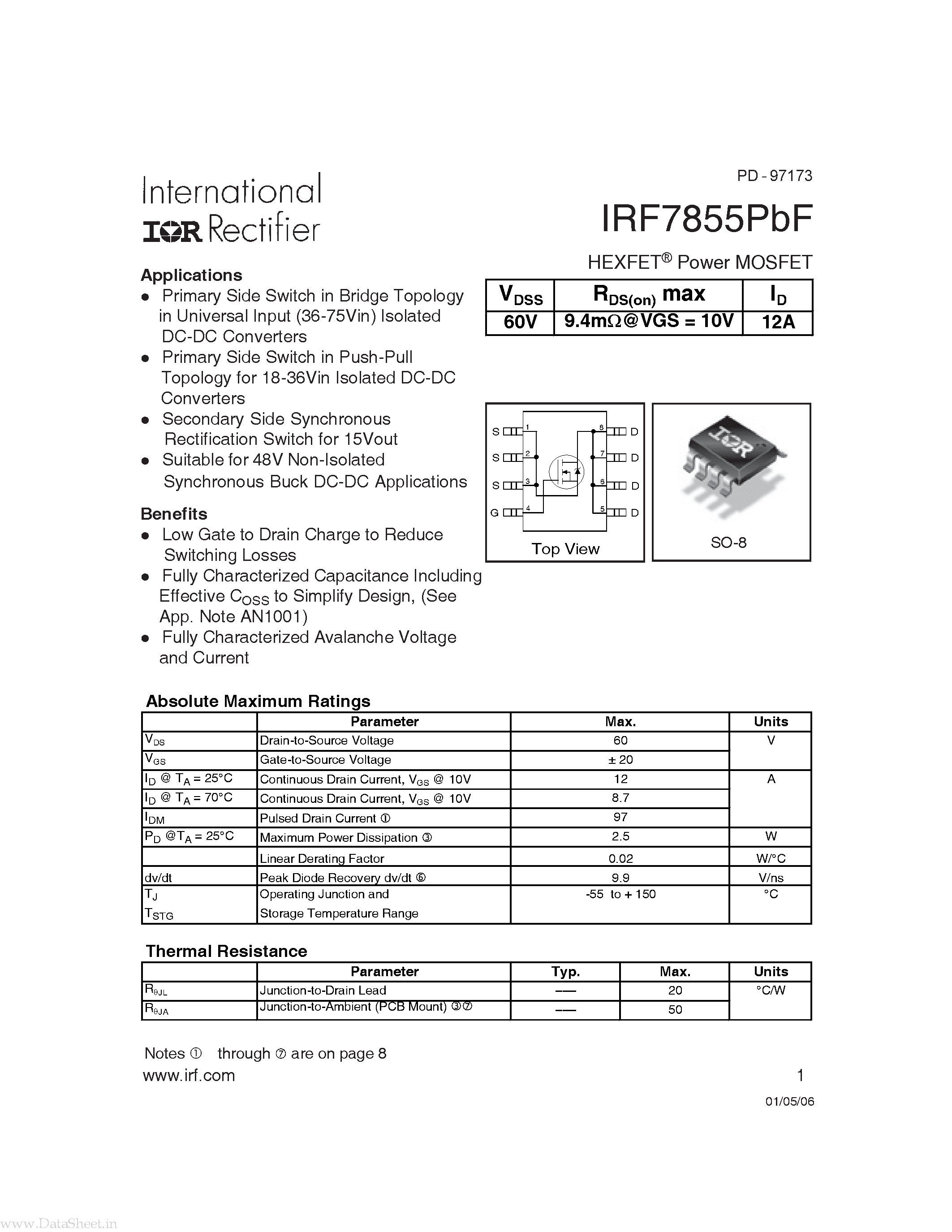 Datasheet IRF7855PBF - HEXFET Power MOSFET page 1