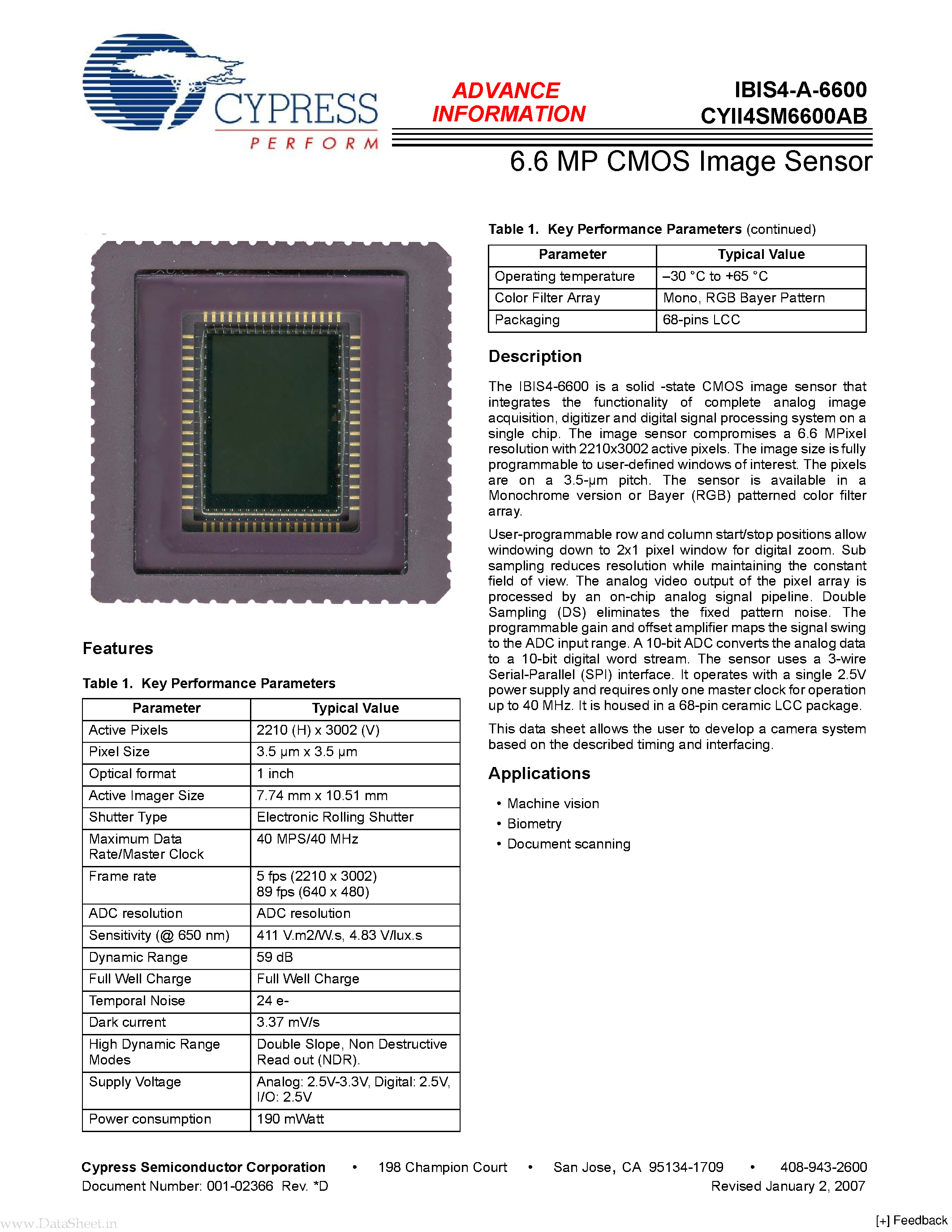 Datasheet CYII4SM6600AB - 6.6 MP CMOS Image Sensor page 1