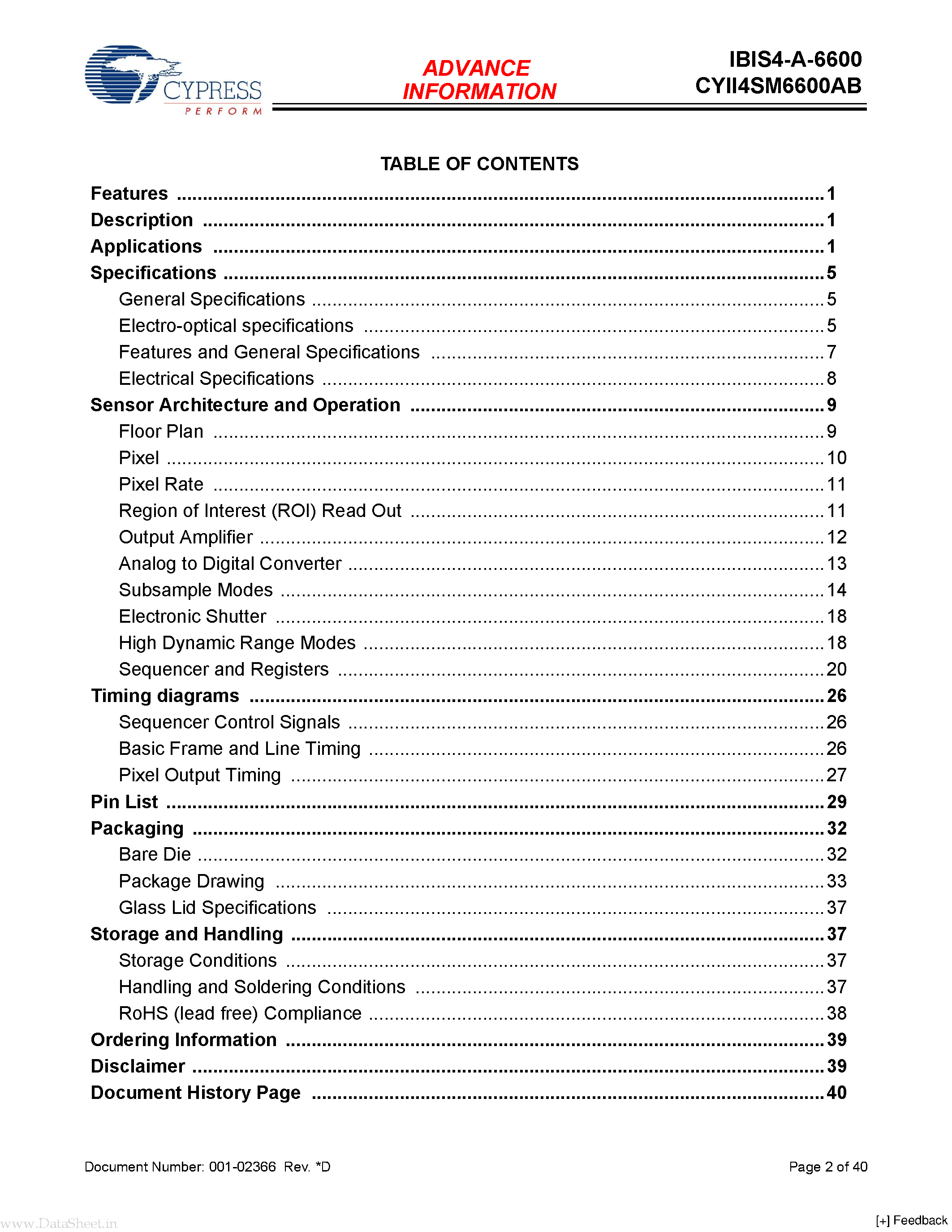 Datasheet CYII4SM6600AB - 6.6 MP CMOS Image Sensor page 2