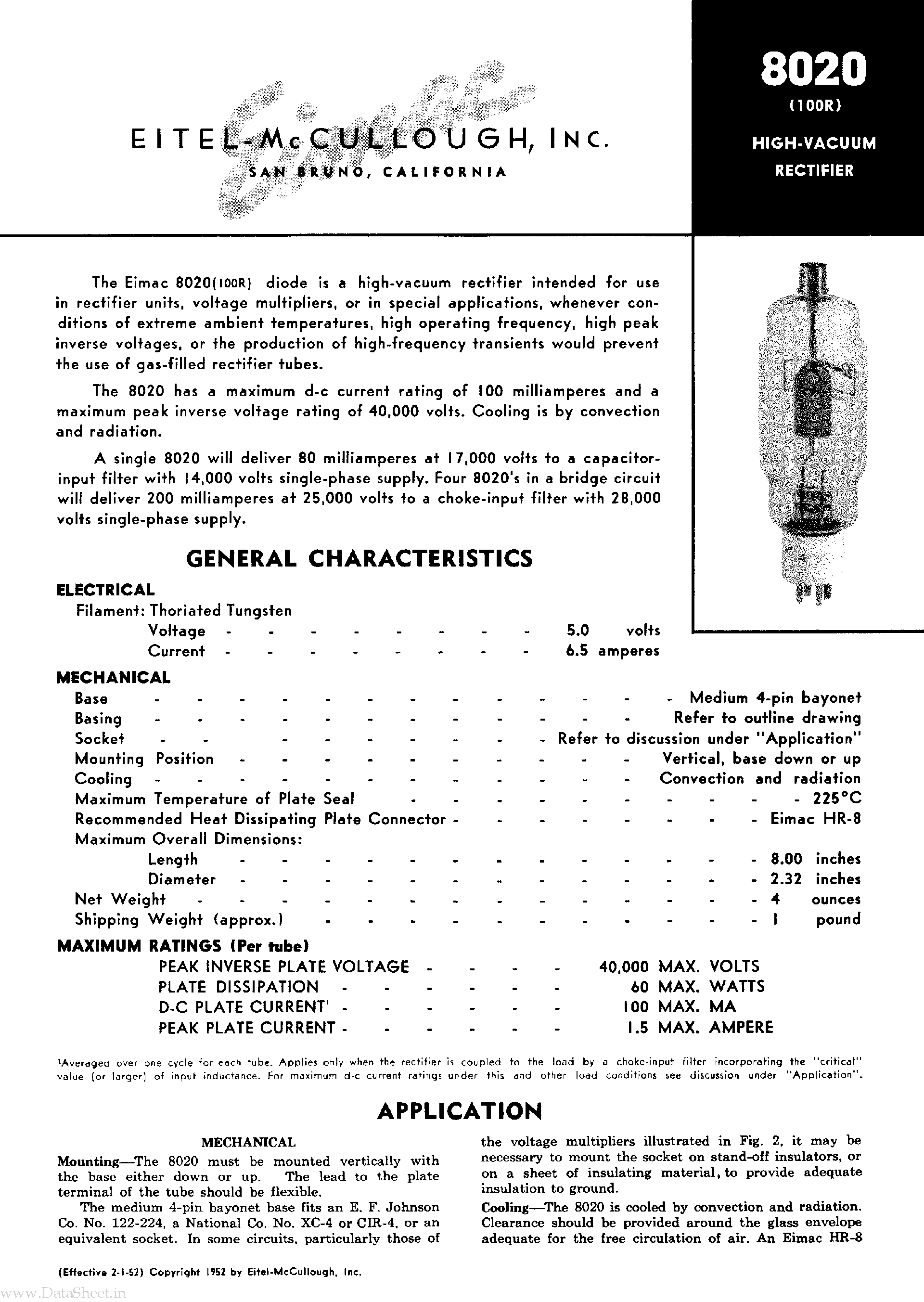 Datasheet 8020 page 1 Datasheet 8020 - High Vacuum Rectifier page 1