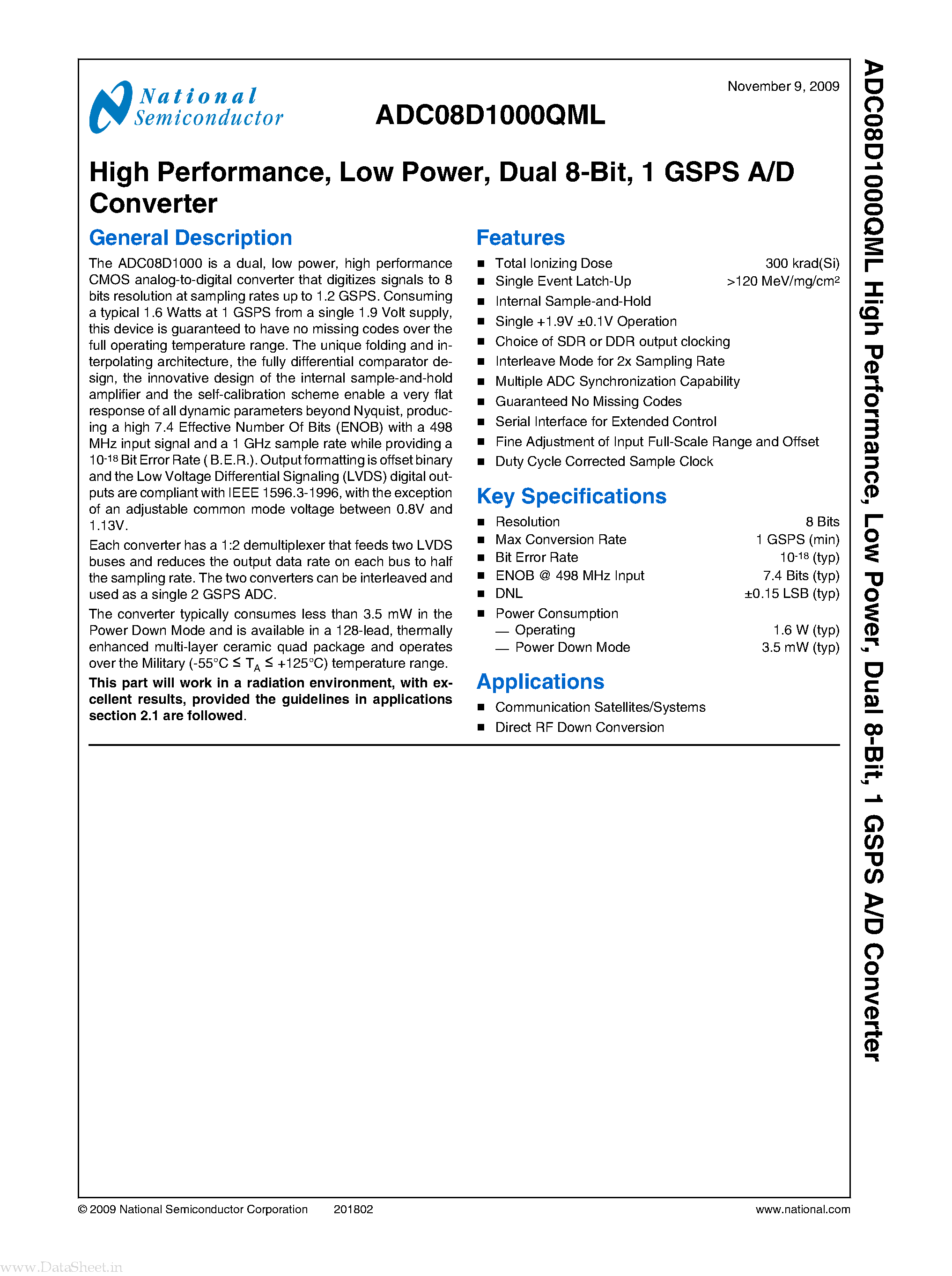 Datasheet ADC08D1000QML page 1 Datasheet ADC08D1000QML - 1 GSPS A/D Converter page 1