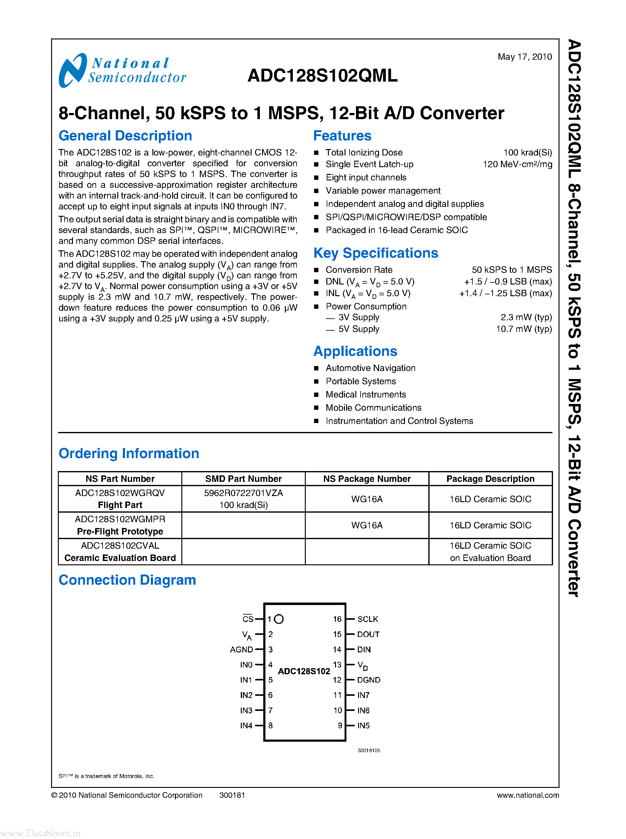 Datasheet ADC128S102QML - 12-Bit A/D Converter page 1